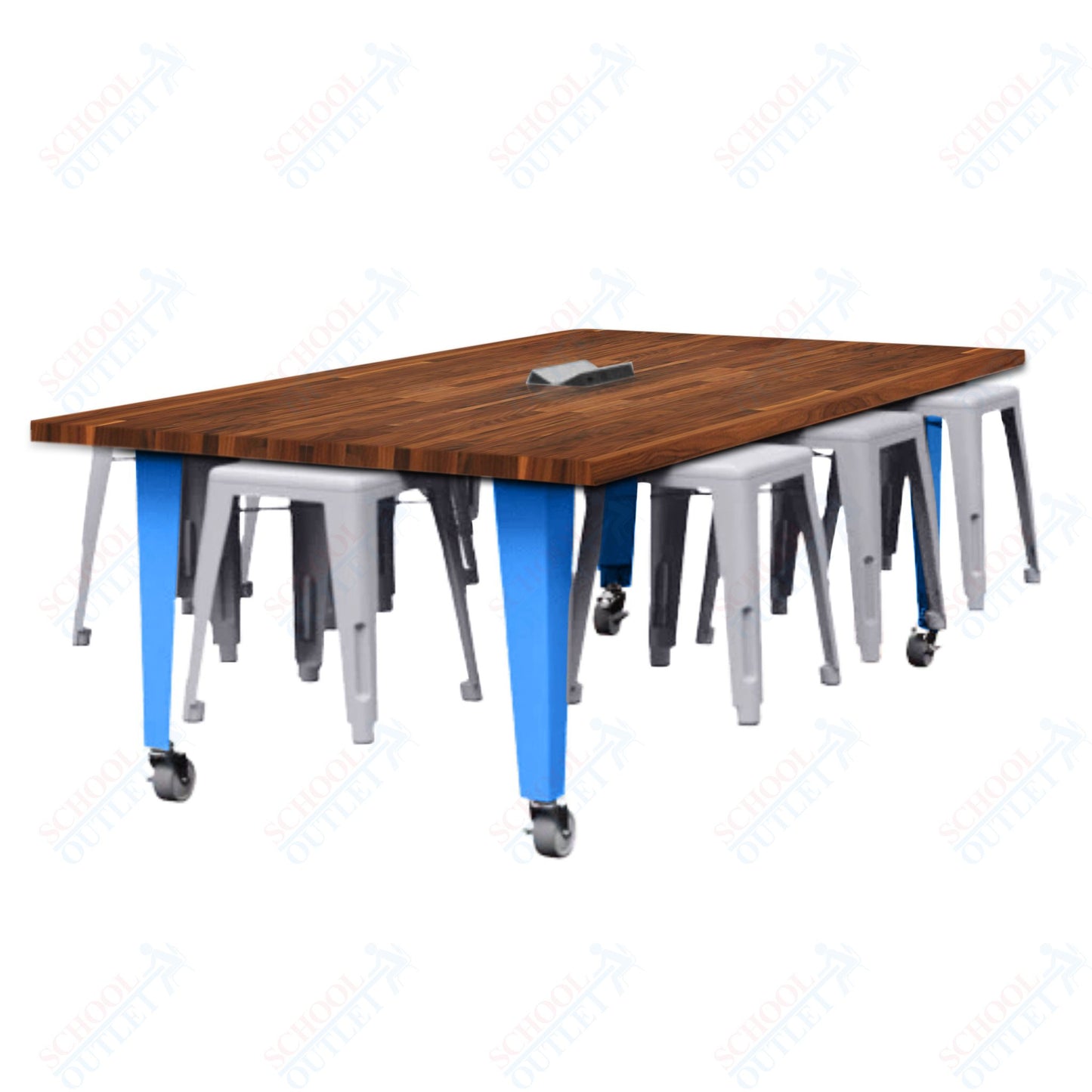 CEF IDEA Island Table 30" Height w/ 8-Seat - Butcher Block Top 84"W x 48"D with Steel Frame, 8 Stools and a Pop-up Dual Dock Electrical Station