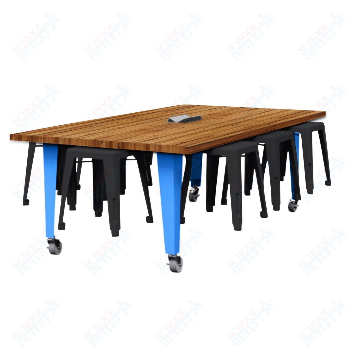 CEF IDEA Island Table 30" Height w/ 8-Seat - Butcher Block Top 84"W x 48"D with Steel Frame, 8 Stools and a Pop-up Dual Dock Electrical Station
