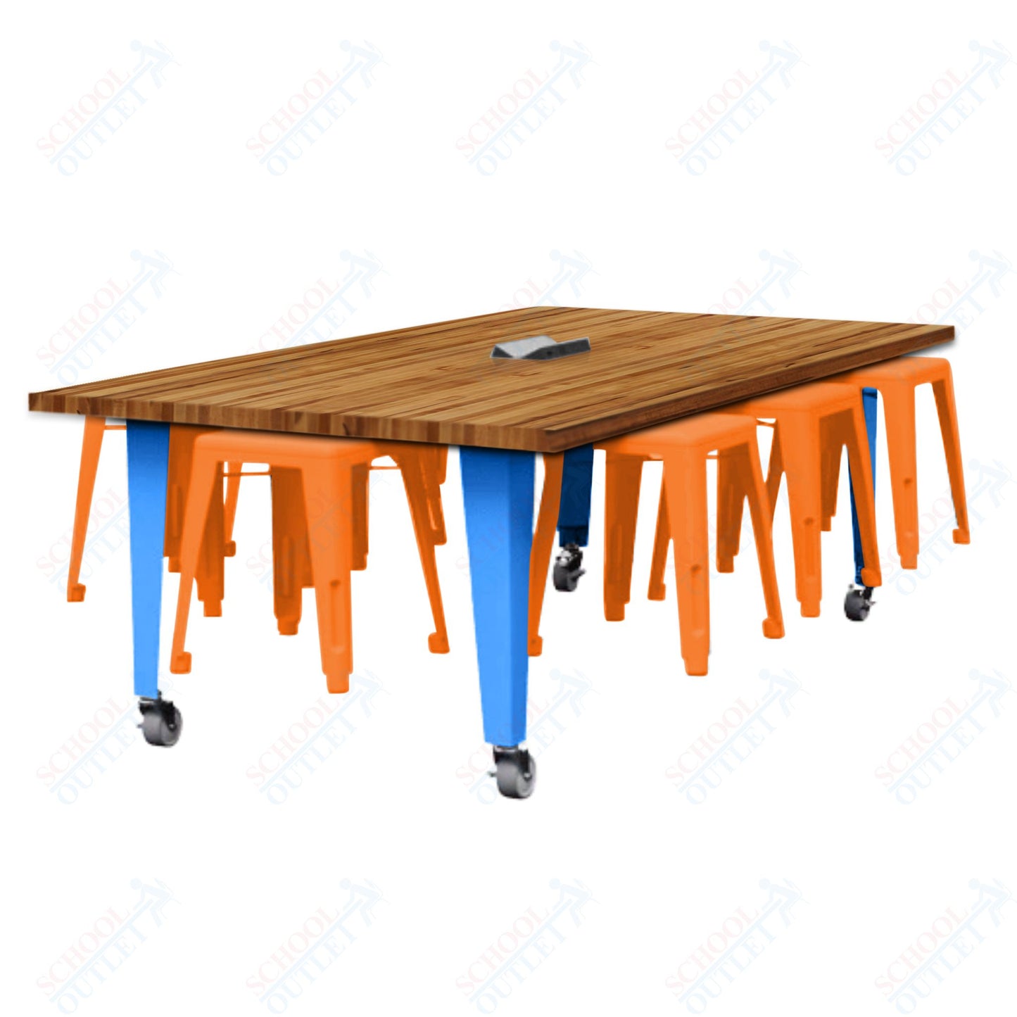CEF IDEA Island Table 30" Height w/ 8-Seat - Butcher Block Top 84"W x 48"D with Steel Frame, 8 Stools and a Pop-up Dual Dock Electrical Station