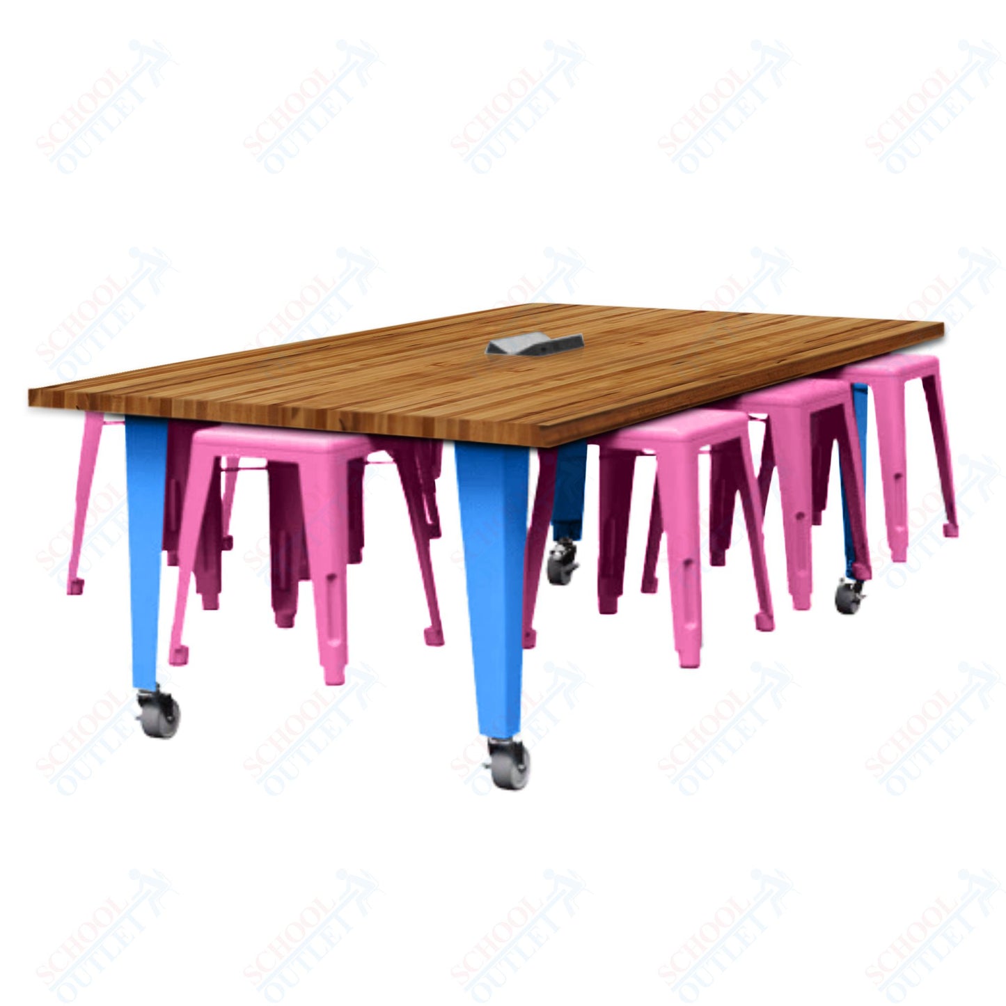 CEF IDEA Island Table 30" Height w/ 8-Seat - Butcher Block Top 84"W x 48"D with Steel Frame, 8 Stools and a Pop-up Dual Dock Electrical Station