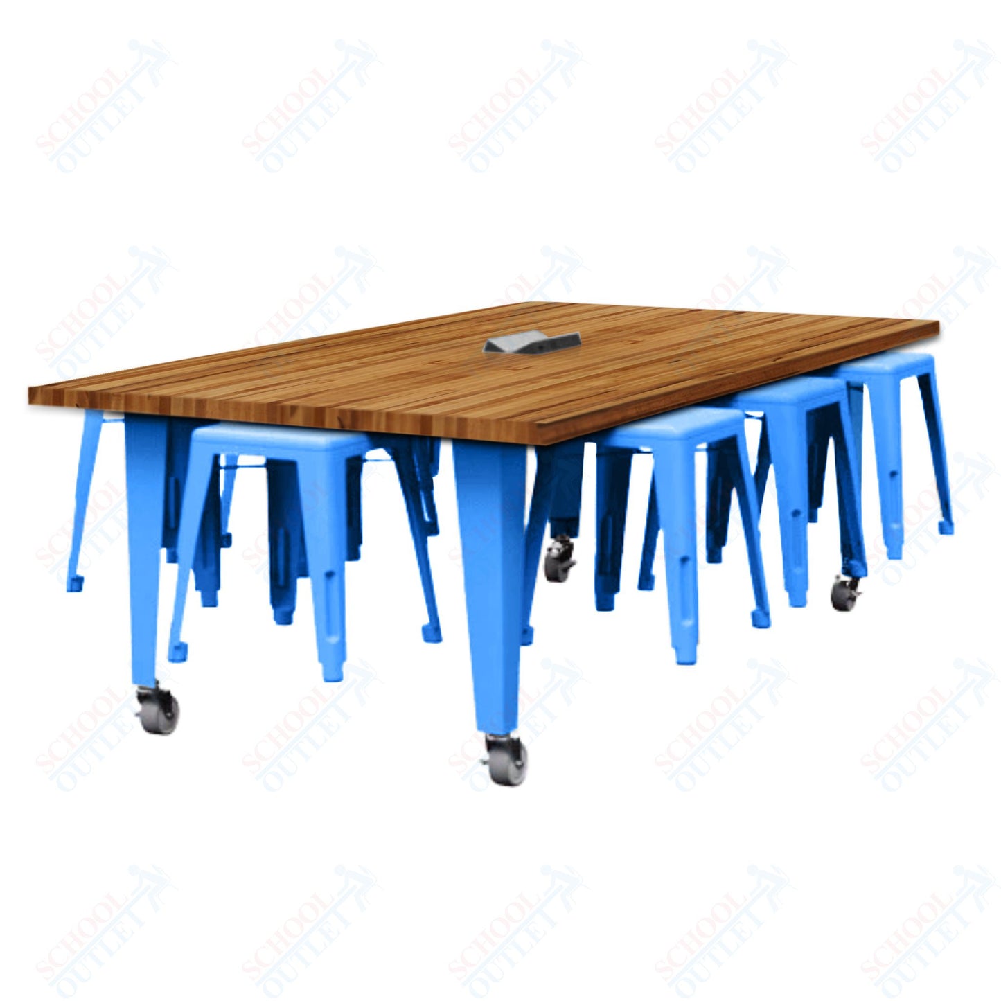 CEF IDEA Island Table 30" Height w/ 8-Seat - Butcher Block Top 84"W x 48"D with Steel Frame, 8 Stools and a Pop-up Dual Dock Electrical Station