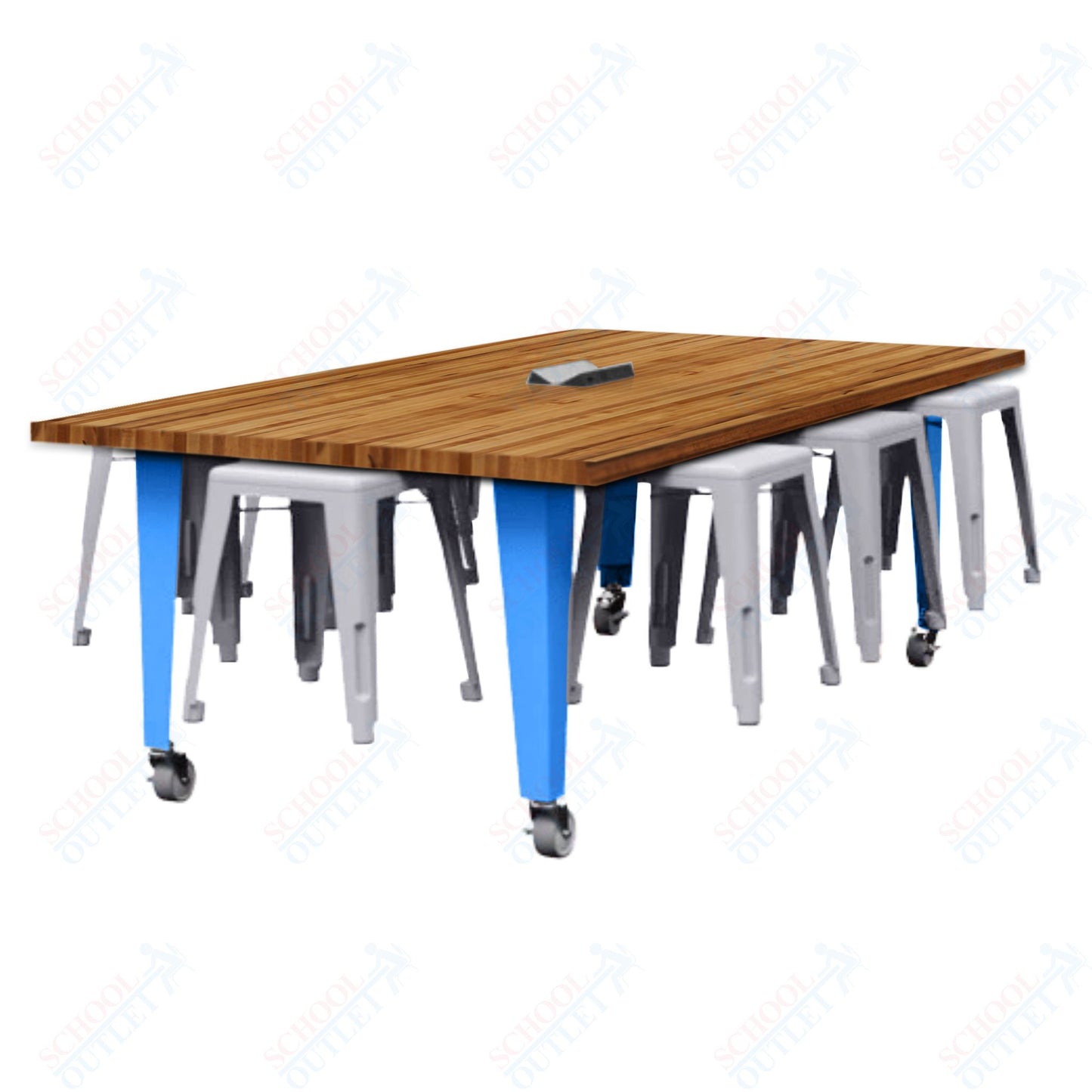CEF IDEA Island Table 30" Height w/ 8-Seat - Butcher Block Top 84"W x 48"D with Steel Frame, 8 Stools and a Pop-up Dual Dock Electrical Station