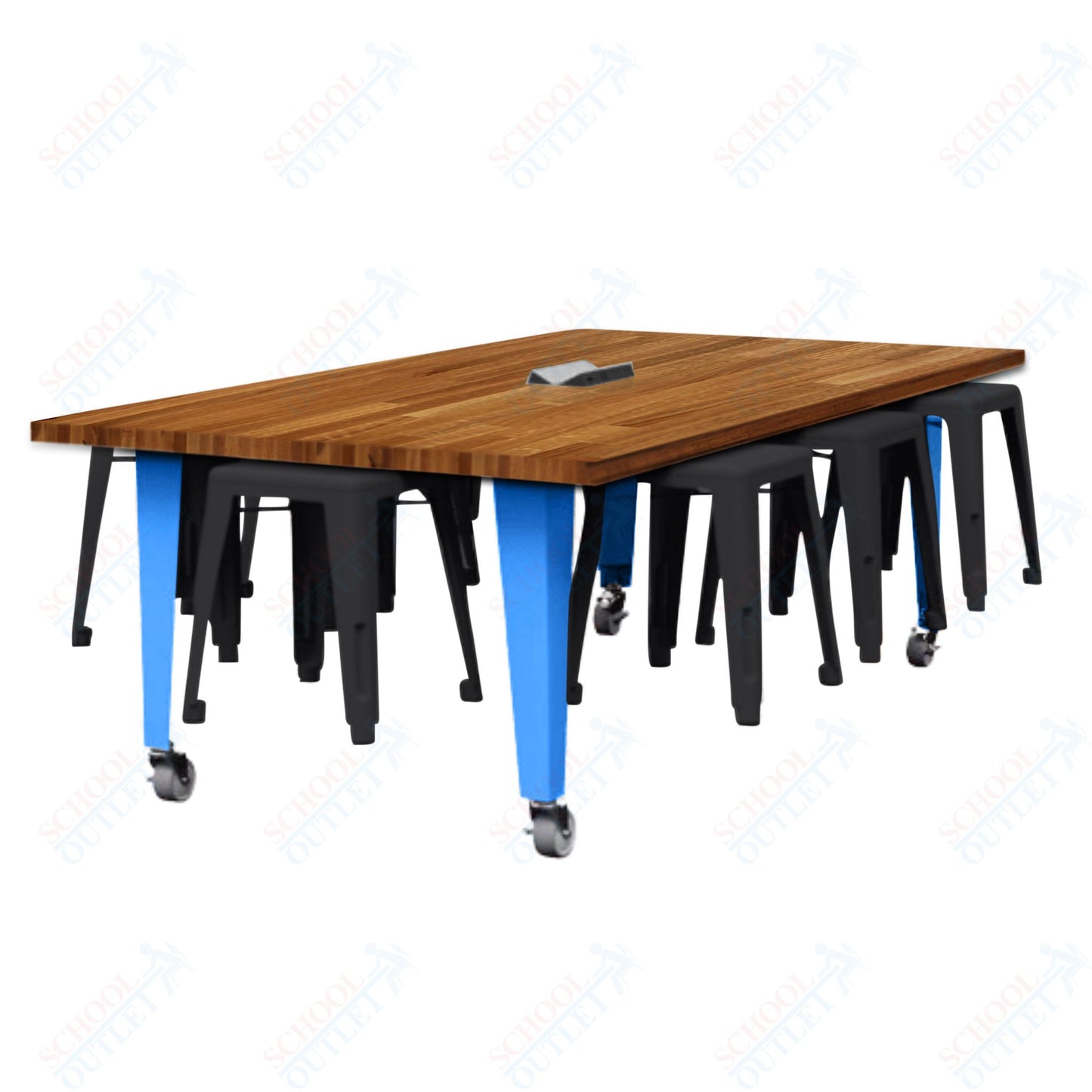 CEF IDEA Island Table 30" Height w/ 8-Seat - Butcher Block Top 84"W x 48"D with Steel Frame, 8 Stools and a Pop-up Dual Dock Electrical Station