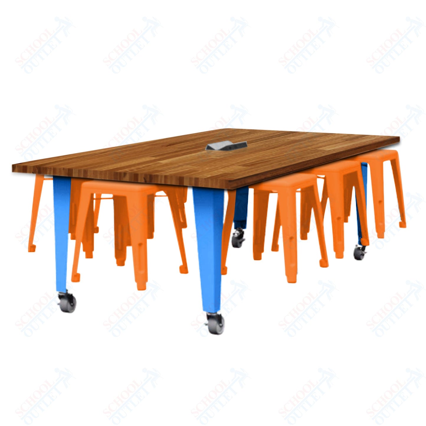 CEF IDEA Island Table 30" Height w/ 8-Seat - Butcher Block Top 84"W x 48"D with Steel Frame, 8 Stools and a Pop-up Dual Dock Electrical Station