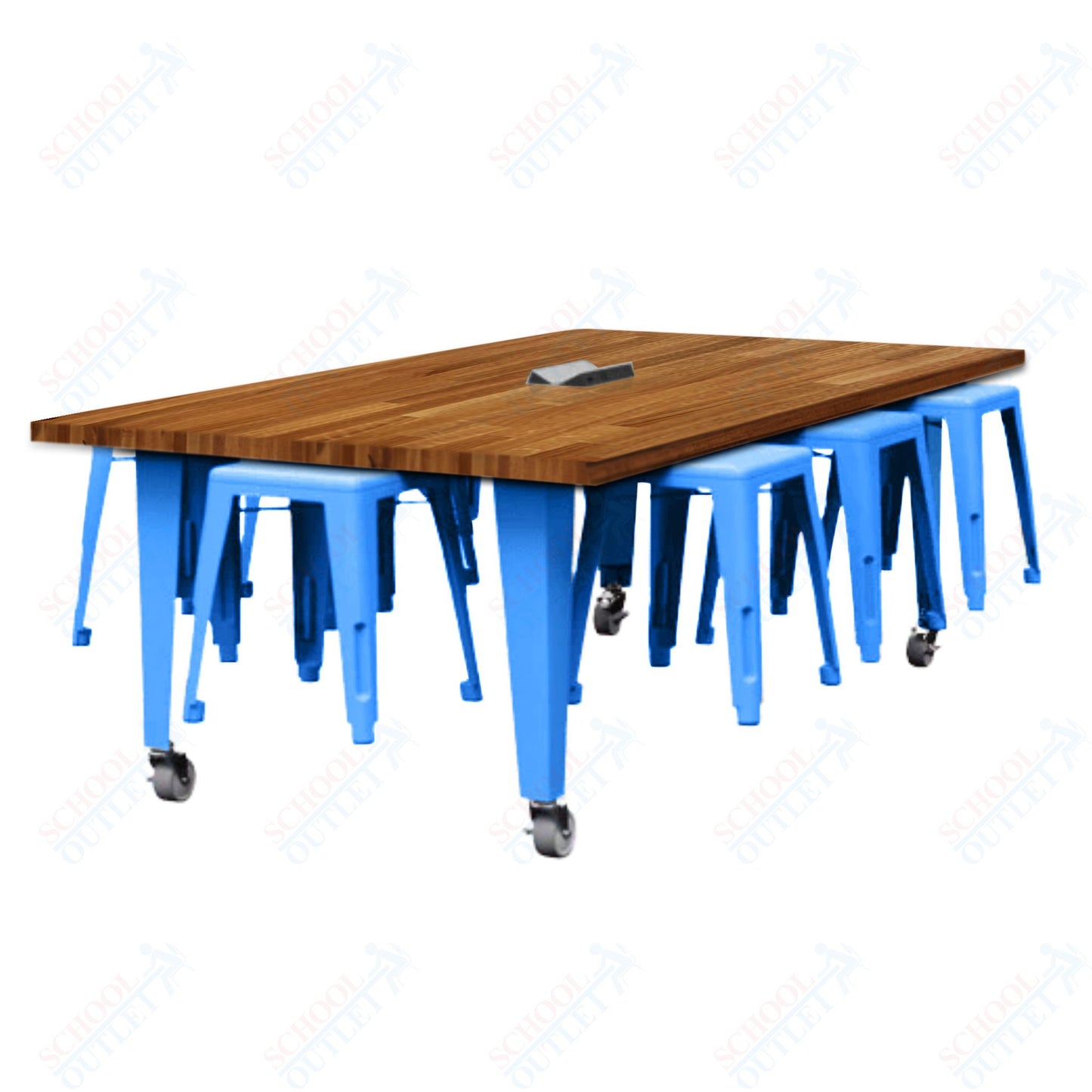 CEF IDEA Island Table 30" Height w/ 8-Seat - Butcher Block Top 84"W x 48"D with Steel Frame, 8 Stools and a Pop-up Dual Dock Electrical Station