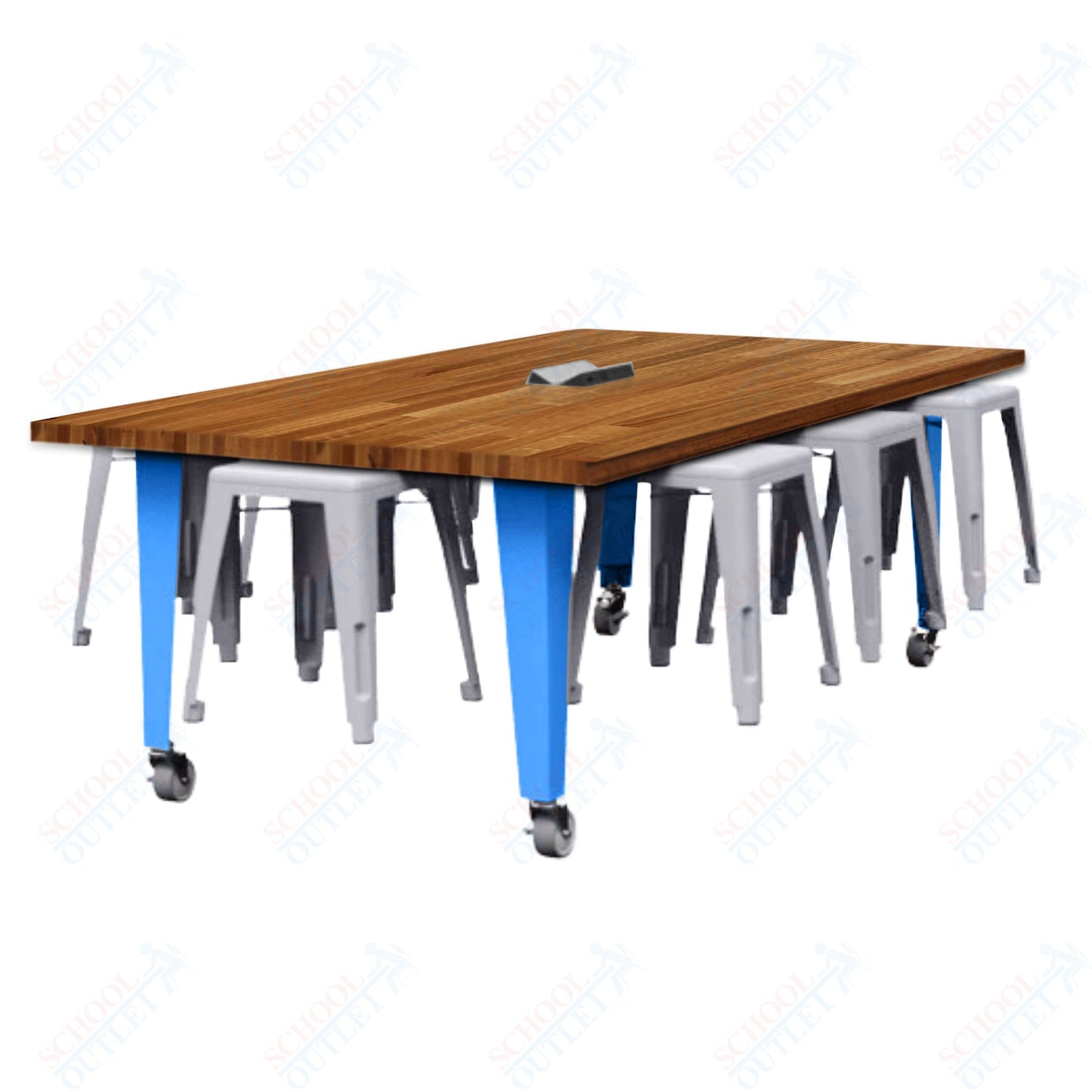 CEF IDEA Island Table 30" Height w/ 8-Seat - Butcher Block Top 84"W x 48"D with Steel Frame, 8 Stools and a Pop-up Dual Dock Electrical Station