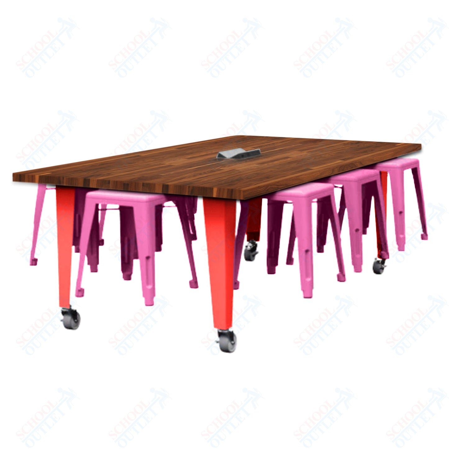 CEF IDEA Island Table 30" Height w/ 8-Seat - Butcher Block Top 84"W x 48"D with Steel Frame, 8 Stools and a Pop-up Dual Dock Electrical Station