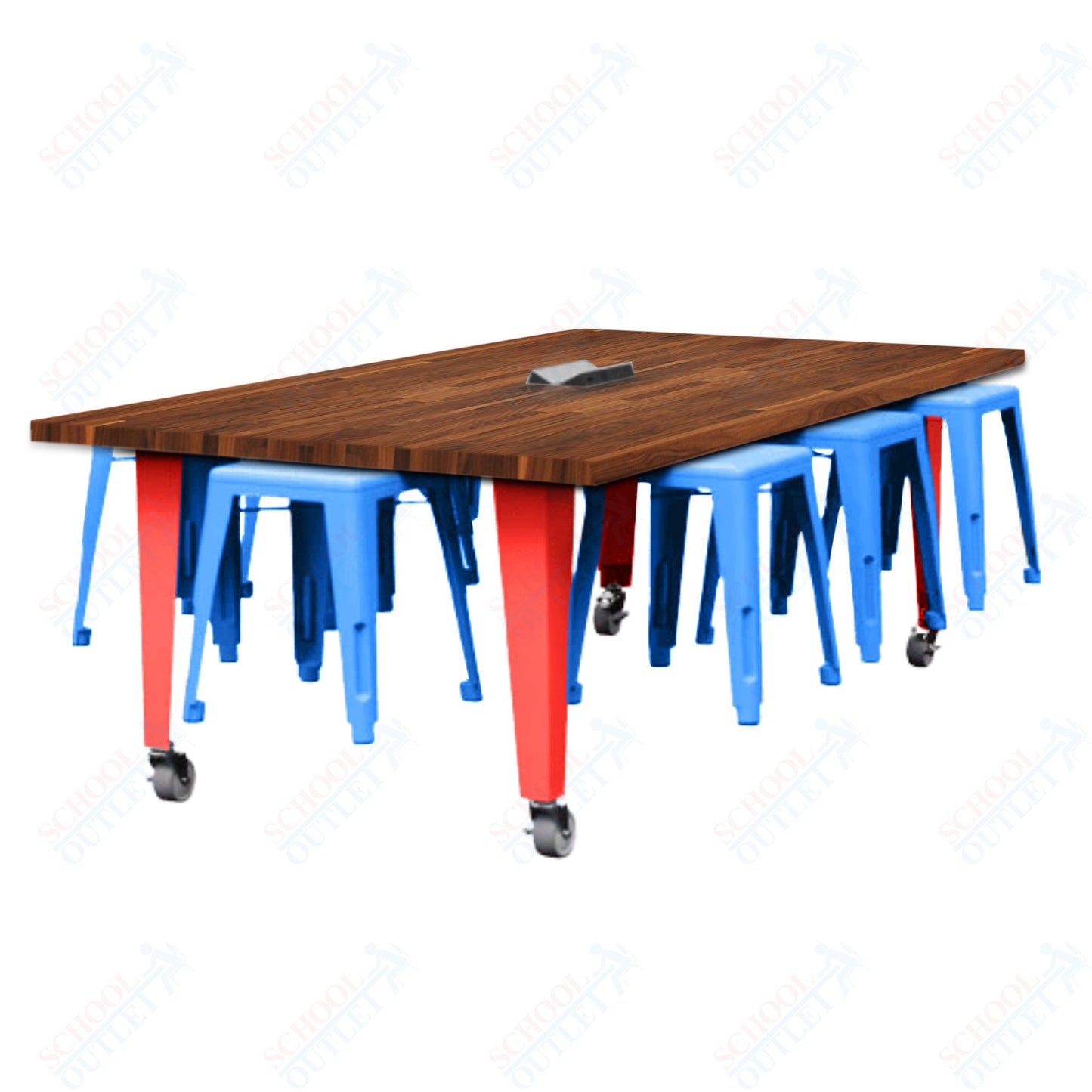 CEF IDEA Island Table 30" Height w/ 8-Seat - Butcher Block Top 84"W x 48"D with Steel Frame, 8 Stools and a Pop-up Dual Dock Electrical Station
