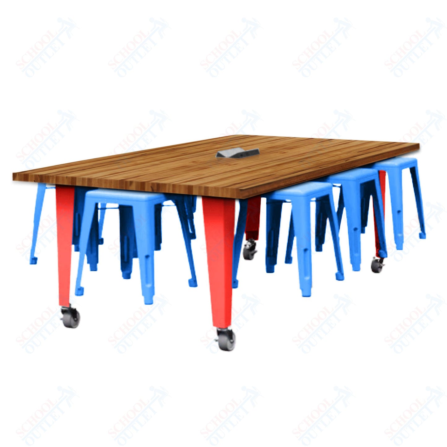 CEF IDEA Island Table 30" Height w/ 8-Seat - Butcher Block Top 84"W x 48"D with Steel Frame, 8 Stools and a Pop-up Dual Dock Electrical Station