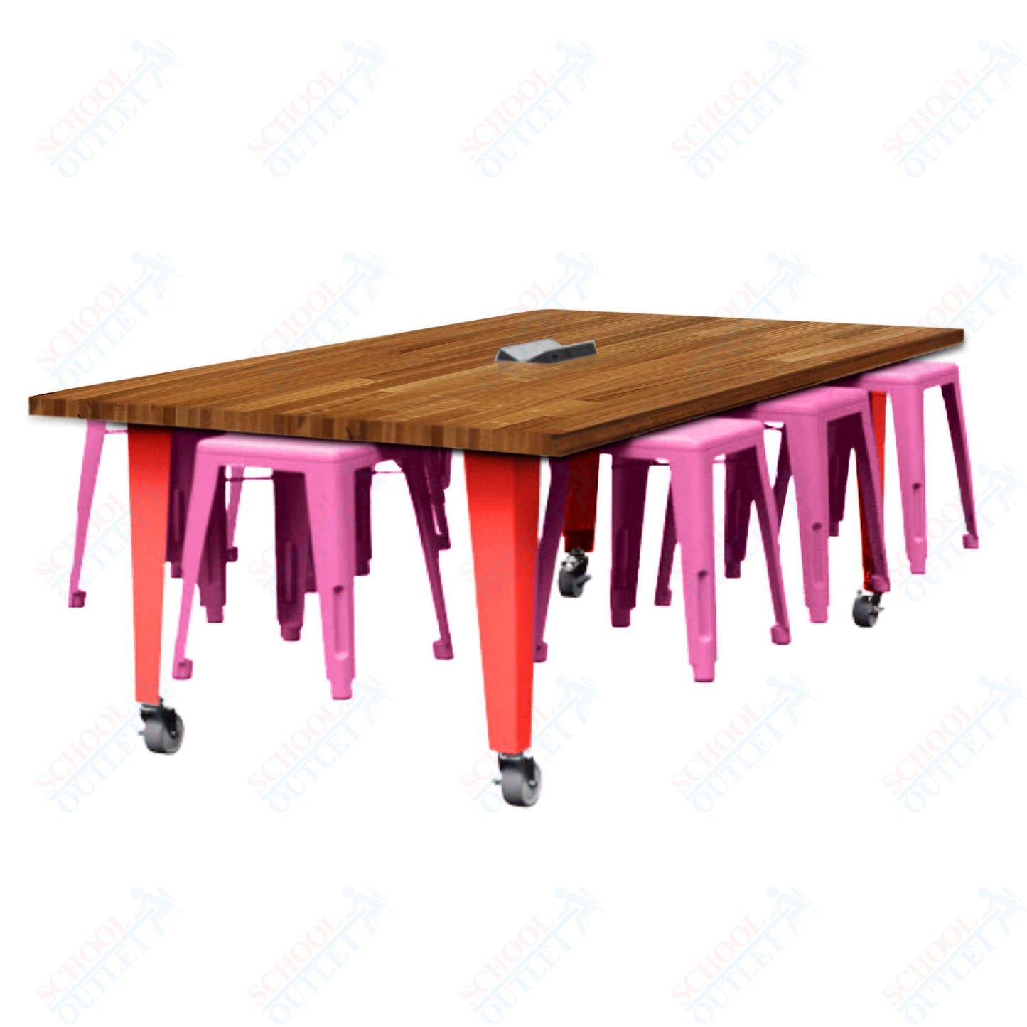 CEF IDEA Island Table 30" Height w/ 8-Seat - Butcher Block Top 84"W x 48"D with Steel Frame, 8 Stools and a Pop-up Dual Dock Electrical Station