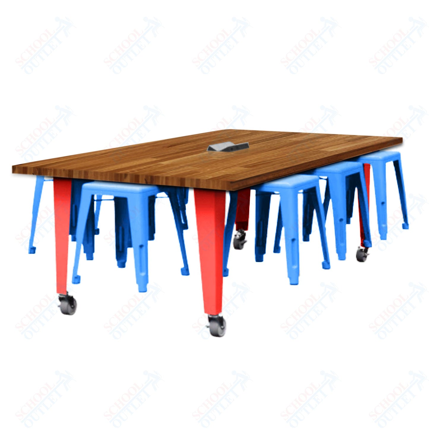 CEF IDEA Island Table 30" Height w/ 8-Seat - Butcher Block Top 84"W x 48"D with Steel Frame, 8 Stools and a Pop-up Dual Dock Electrical Station