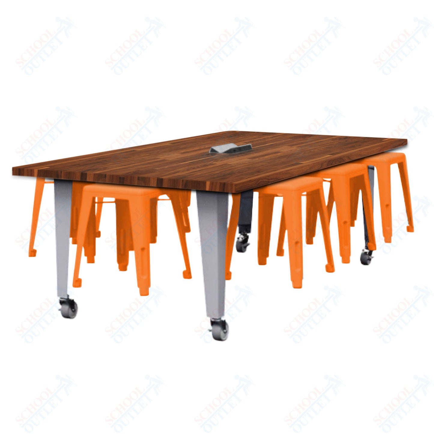CEF IDEA Island Table 30" Height w/ 8-Seat - Butcher Block Top 84"W x 48"D with Steel Frame, 8 Stools and a Pop-up Dual Dock Electrical Station