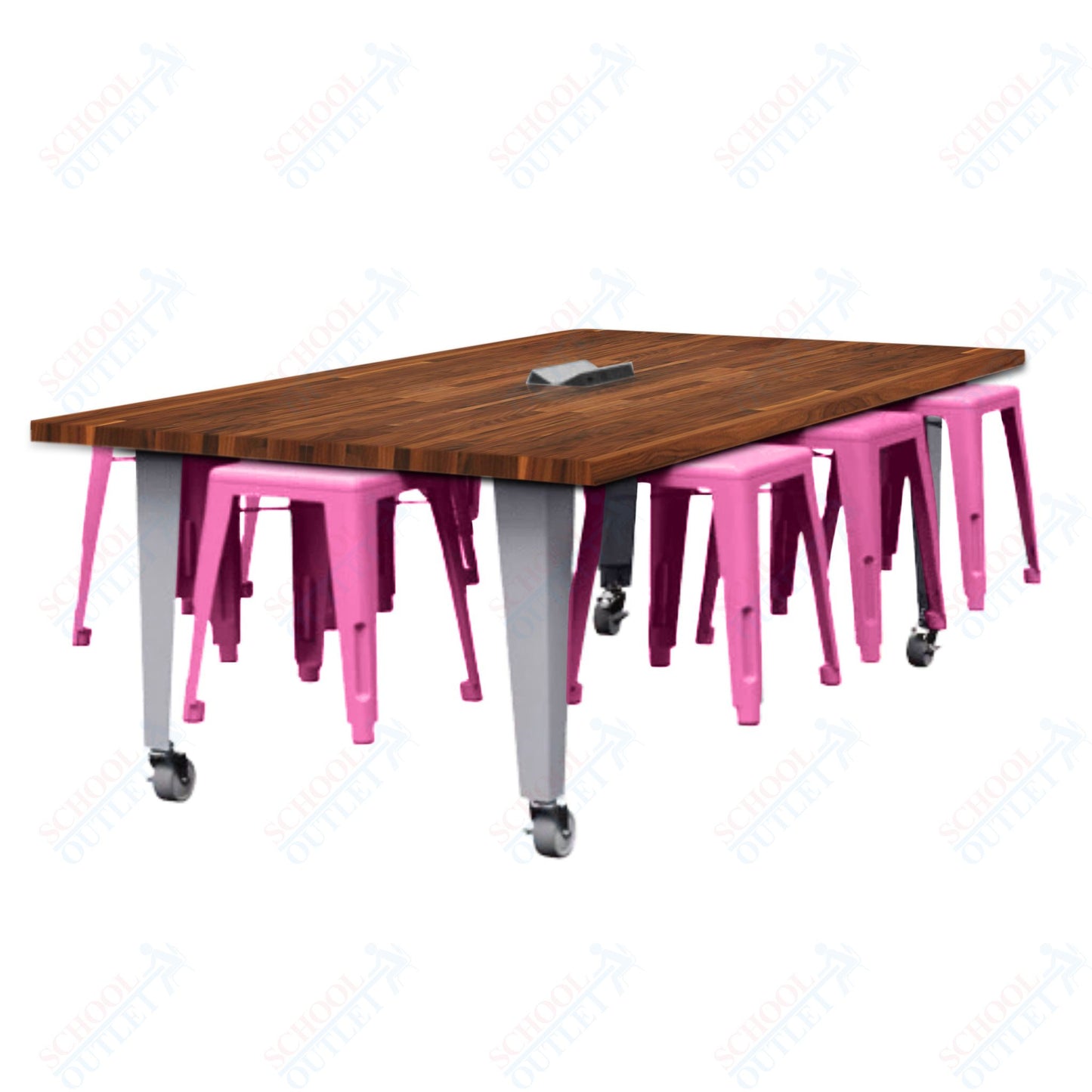 CEF IDEA Island Table 30" Height w/ 8-Seat - Butcher Block Top 84"W x 48"D with Steel Frame, 8 Stools and a Pop-up Dual Dock Electrical Station