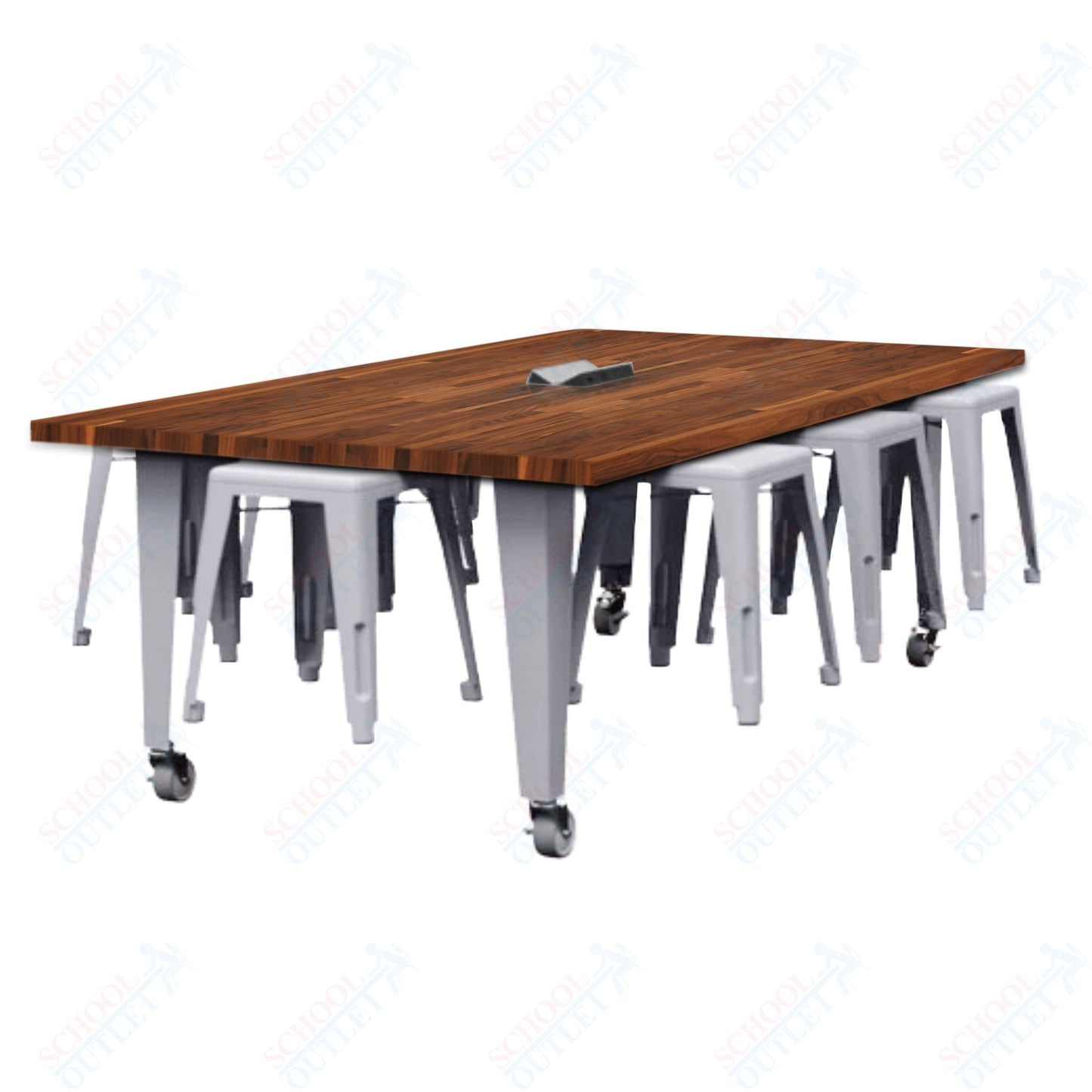 CEF IDEA Island Table 30" Height w/ 8-Seat - Butcher Block Top 84"W x 48"D with Steel Frame, 8 Stools and a Pop-up Dual Dock Electrical Station