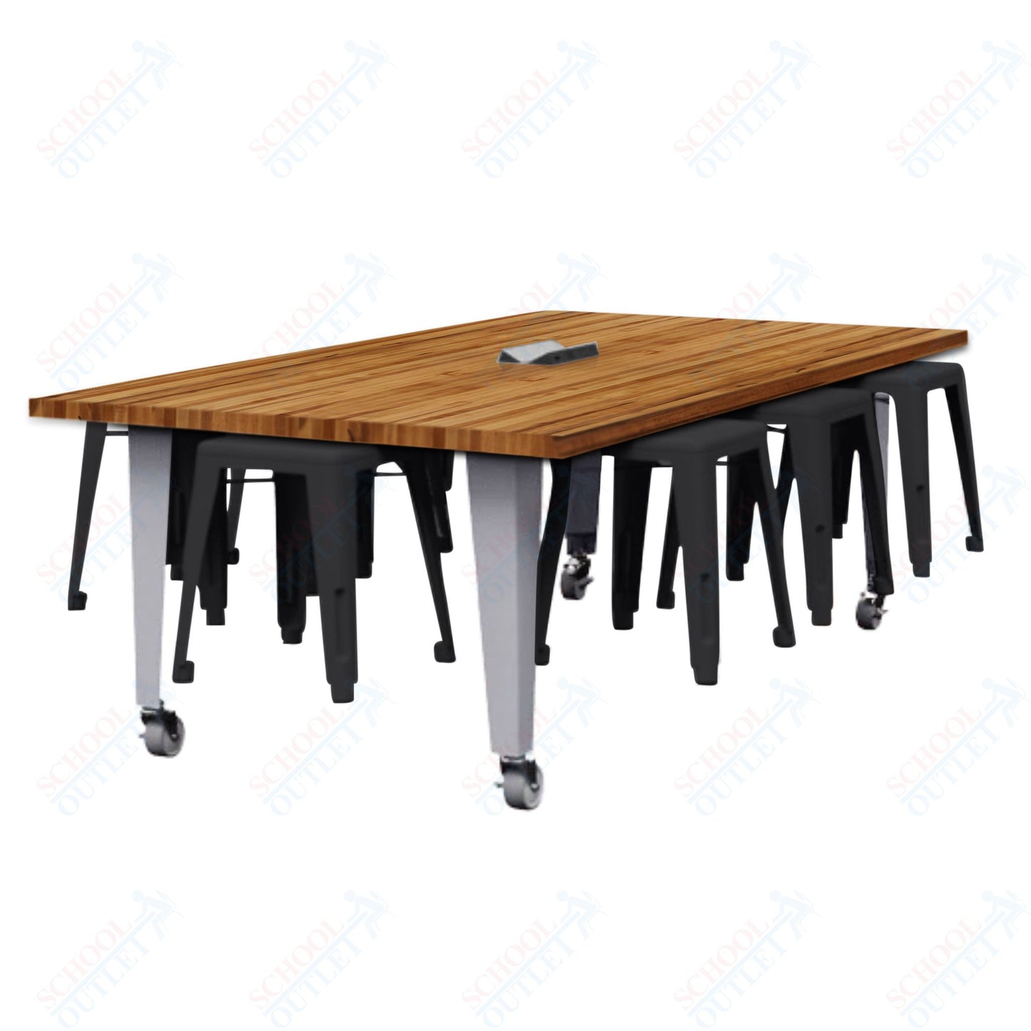 CEF IDEA Island Table 30" Height w/ 8-Seat - Butcher Block Top 84"W x 48"D with Steel Frame, 8 Stools and a Pop-up Dual Dock Electrical Station