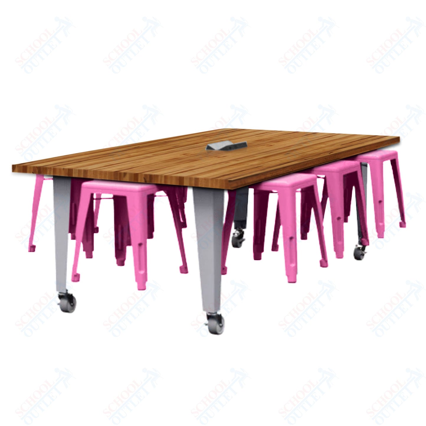 CEF IDEA Island Table 30" Height w/ 8-Seat - Butcher Block Top 84"W x 48"D with Steel Frame, 8 Stools and a Pop-up Dual Dock Electrical Station