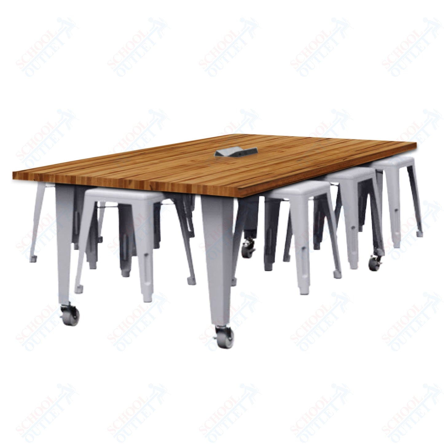 CEF IDEA Island Table 30" Height w/ 8-Seat - Butcher Block Top 84"W x 48"D with Steel Frame, 8 Stools and a Pop-up Dual Dock Electrical Station