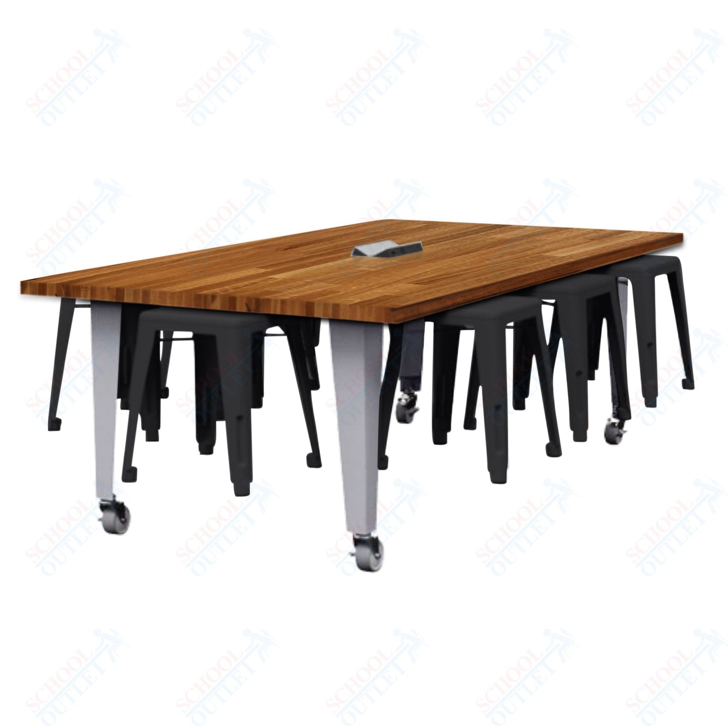 CEF IDEA Island Table 30" Height w/ 8-Seat - Butcher Block Top 84"W x 48"D with Steel Frame, 8 Stools and a Pop-up Dual Dock Electrical Station