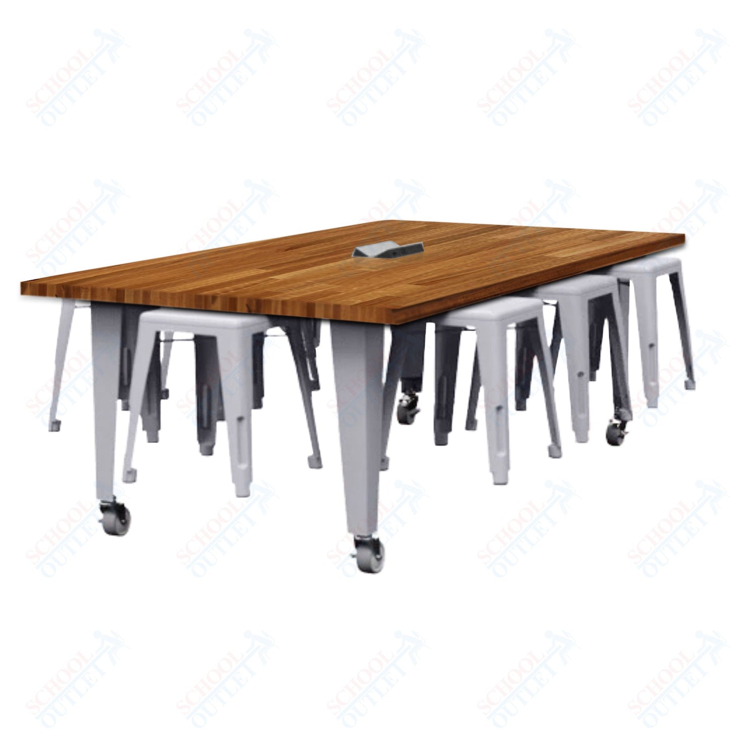 CEF IDEA Island Table 30" Height w/ 8-Seat - Butcher Block Top 84"W x 48"D with Steel Frame, 8 Stools and a Pop-up Dual Dock Electrical Station