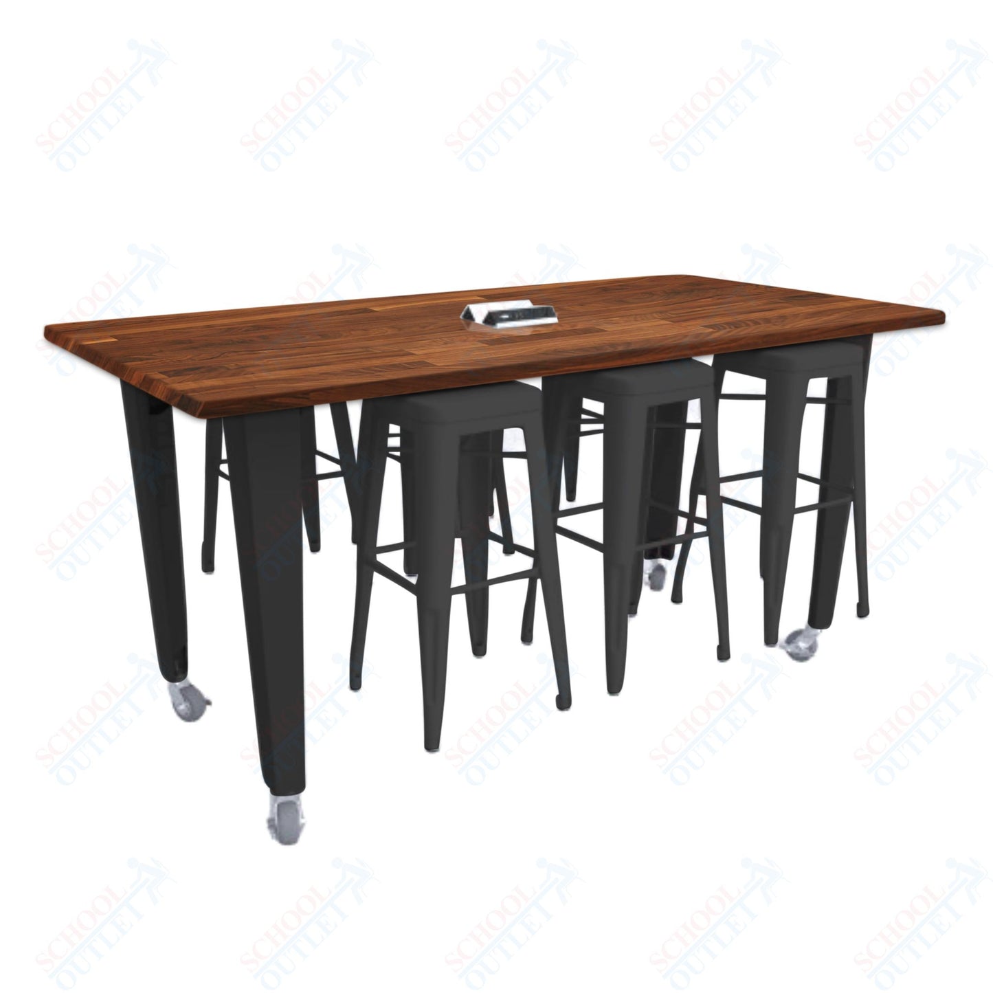 CEF IDEA Island Table 34" Height w/ 6-Seat - ADA Compliant - Butcher Block Top 84"W x 48"D with Steel Frame, 6 Stools and a Pop-up Dual Dock Electrical Station