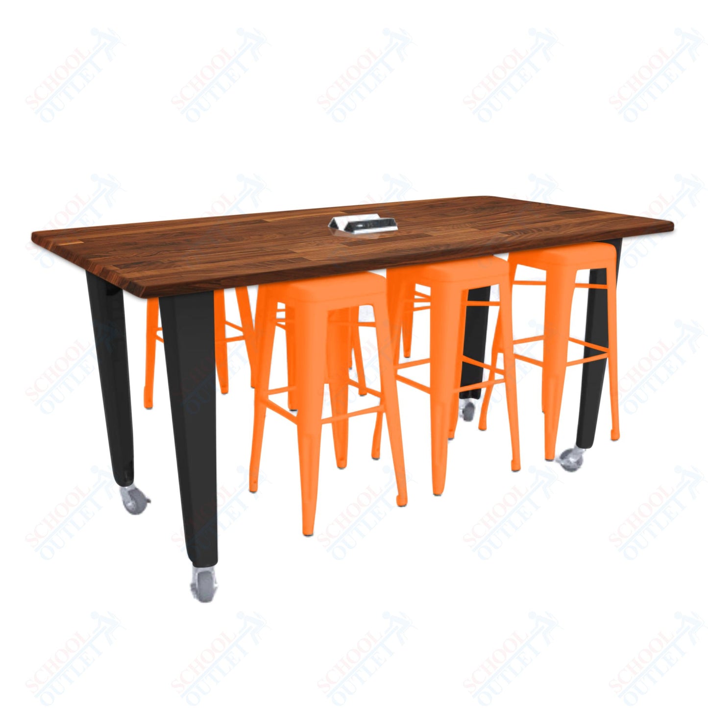 CEF IDEA Island Table 34" Height w/ 6-Seat - ADA Compliant - Butcher Block Top 84"W x 48"D with Steel Frame, 6 Stools and a Pop-up Dual Dock Electrical Station