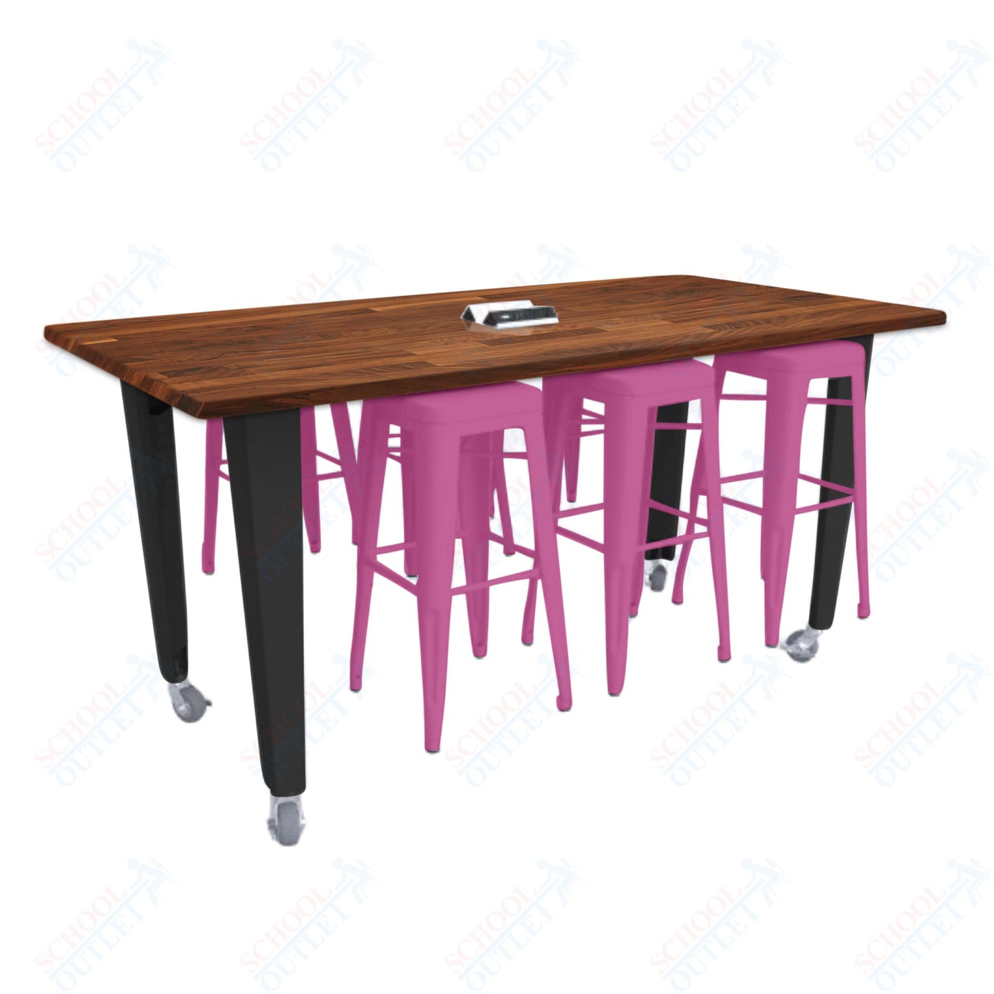 CEF IDEA Island Table 34" Height w/ 6-Seat - ADA Compliant - Butcher Block Top 84"W x 48"D with Steel Frame, 6 Stools and a Pop-up Dual Dock Electrical Station