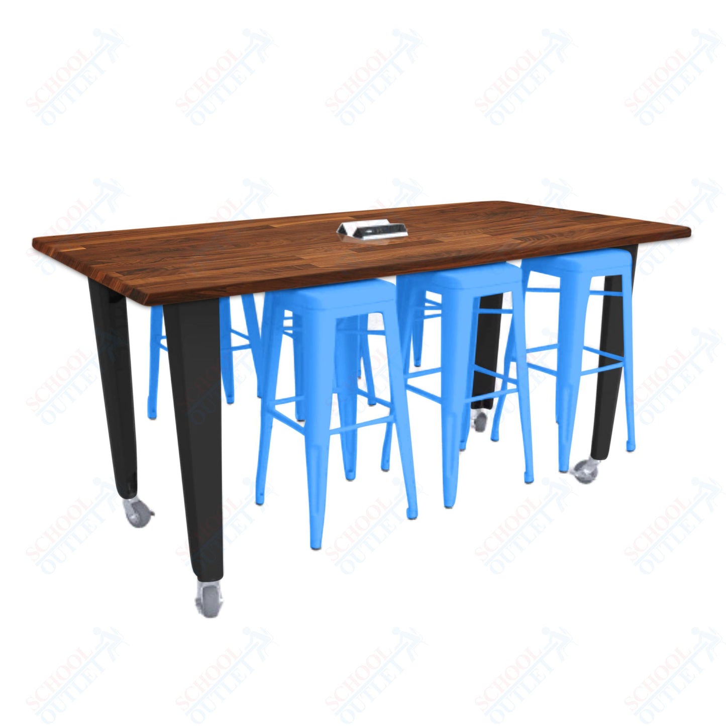 CEF IDEA Island Table 34" Height w/ 6-Seat - ADA Compliant - Butcher Block Top 84"W x 48"D with Steel Frame, 6 Stools and a Pop-up Dual Dock Electrical Station
