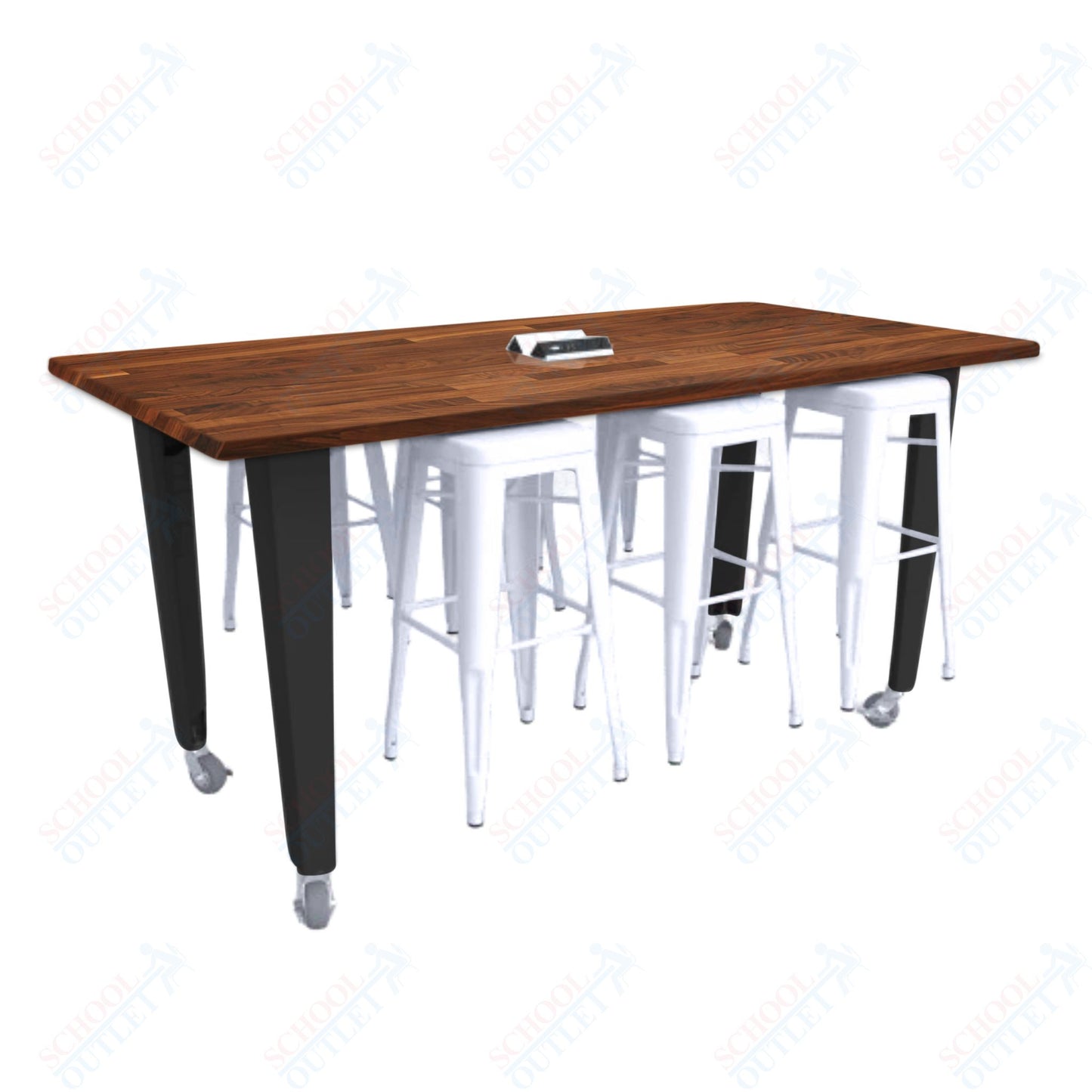 CEF IDEA Island Table 34" Height w/ 6-Seat - ADA Compliant - Butcher Block Top 84"W x 48"D with Steel Frame, 6 Stools and a Pop-up Dual Dock Electrical Station