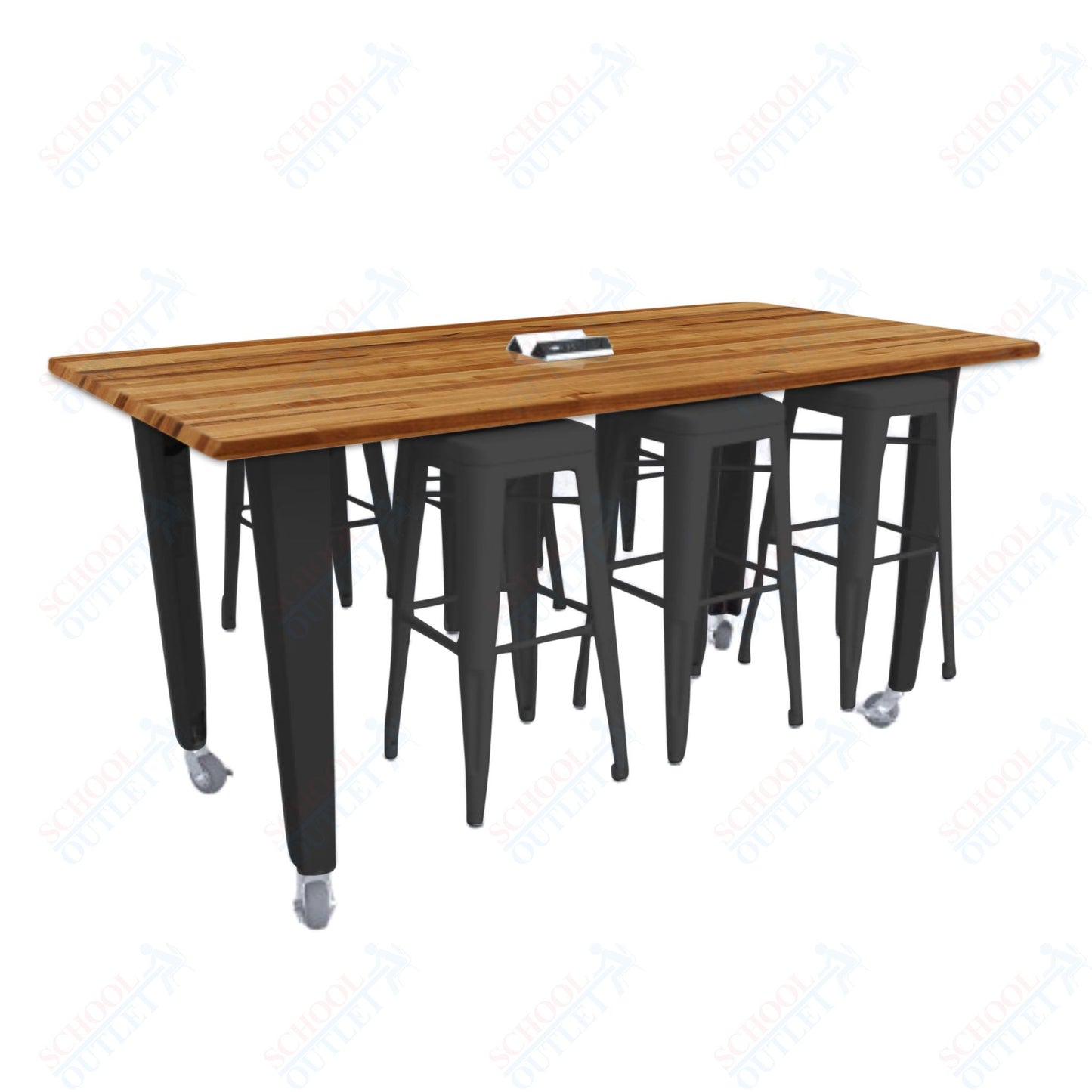 CEF IDEA Island Table 34" Height w/ 6-Seat - ADA Compliant - Butcher Block Top 84"W x 48"D with Steel Frame, 6 Stools and a Pop-up Dual Dock Electrical Station