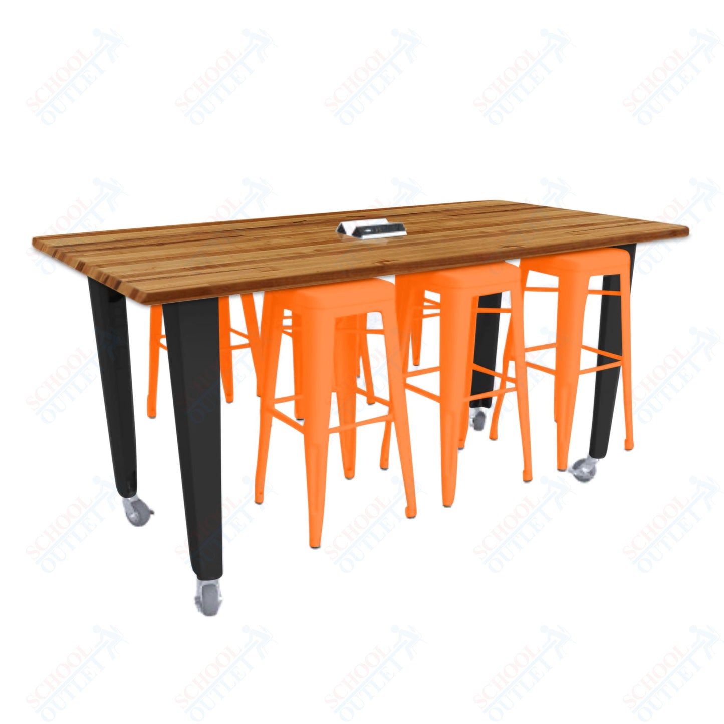 CEF IDEA Island Table 34" Height w/ 6-Seat - ADA Compliant - Butcher Block Top 84"W x 48"D with Steel Frame, 6 Stools and a Pop-up Dual Dock Electrical Station