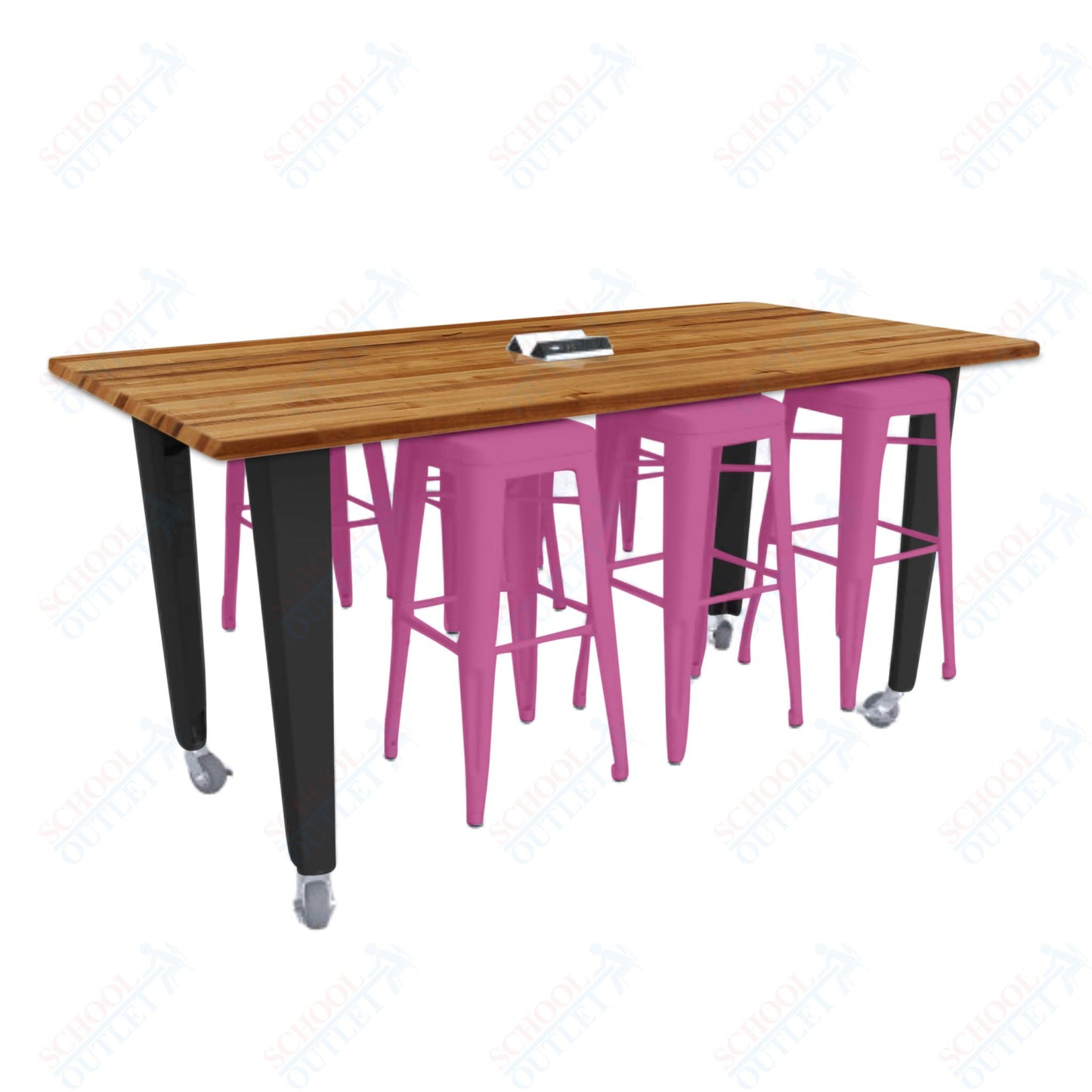 CEF IDEA Island Table 34" Height w/ 6-Seat - ADA Compliant - Butcher Block Top 84"W x 48"D with Steel Frame, 6 Stools and a Pop-up Dual Dock Electrical Station