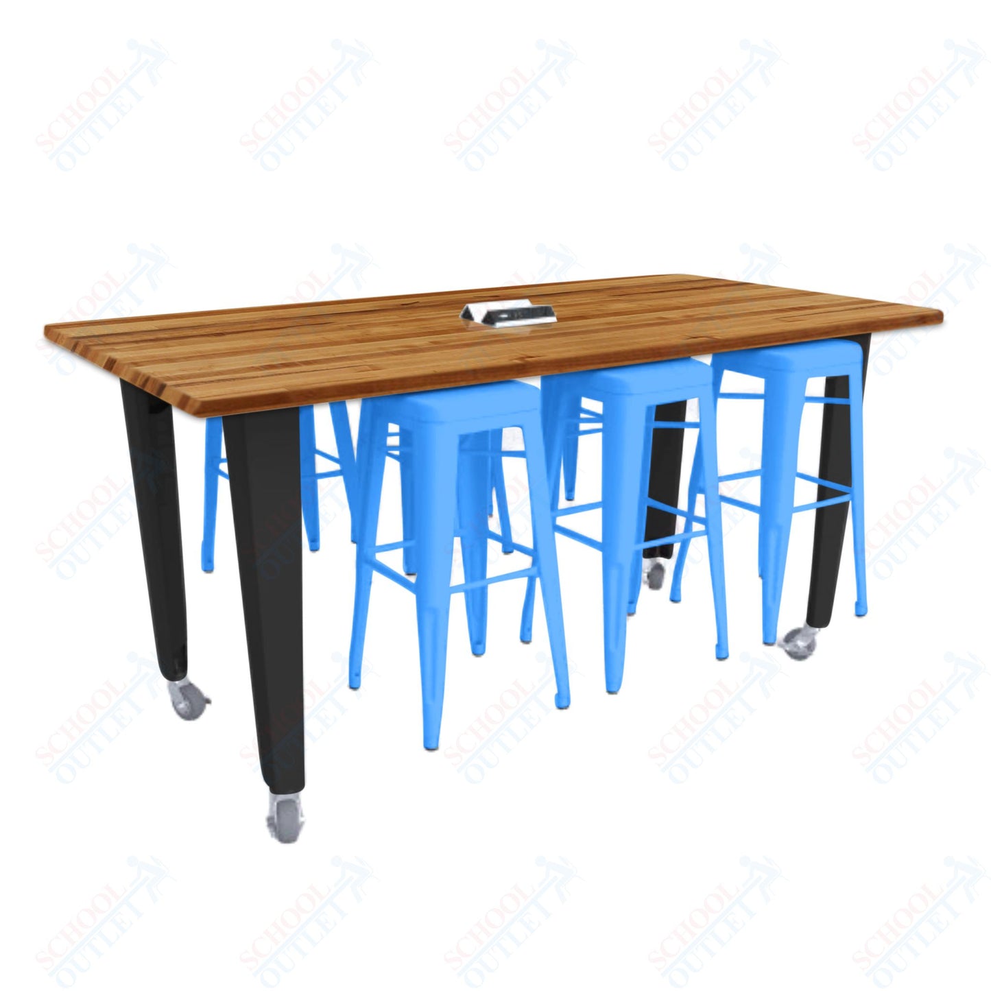CEF IDEA Island Table 34" Height w/ 6-Seat - ADA Compliant - Butcher Block Top 84"W x 48"D with Steel Frame, 6 Stools and a Pop-up Dual Dock Electrical Station