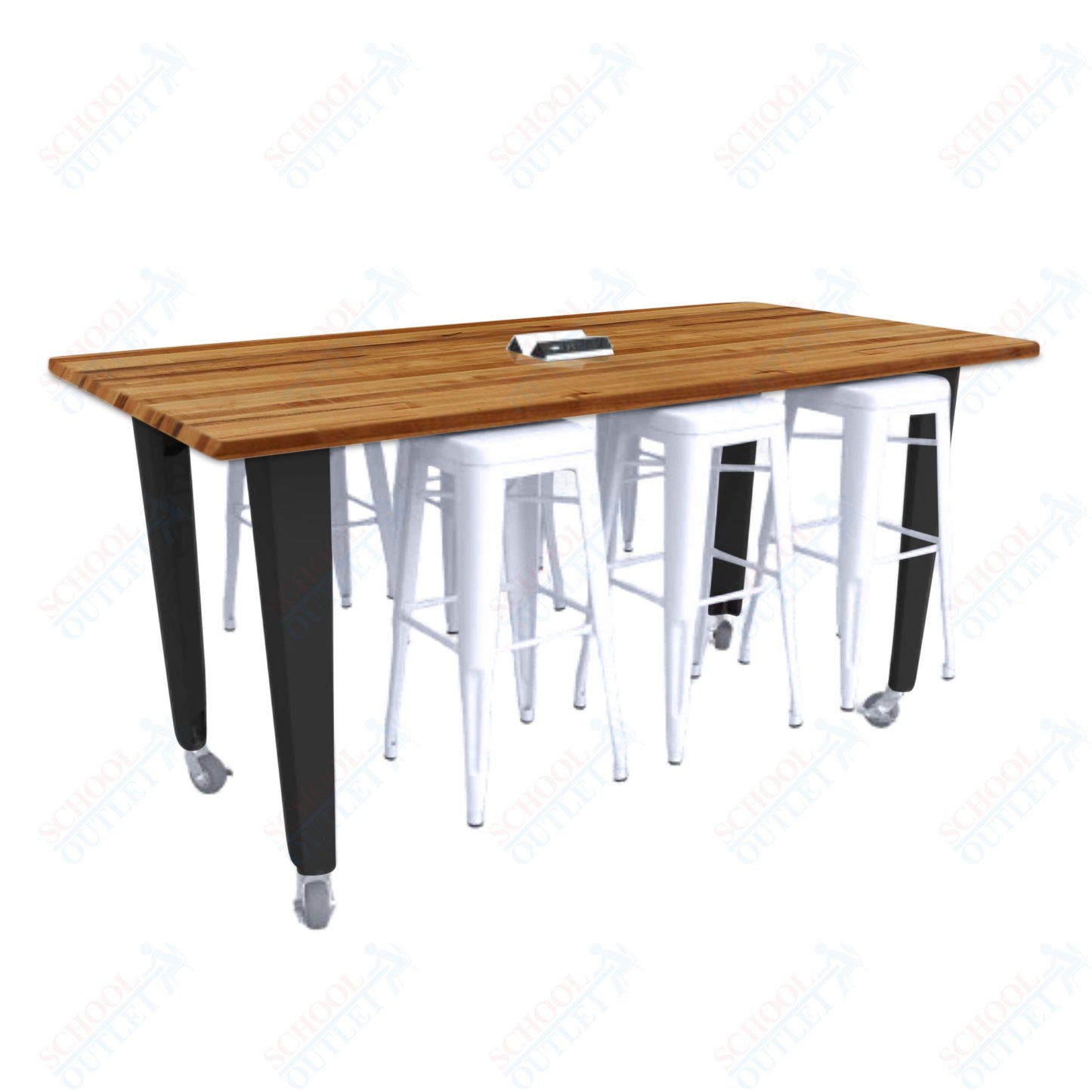 CEF IDEA Island Table 34" Height w/ 6-Seat - ADA Compliant - Butcher Block Top 84"W x 48"D with Steel Frame, 6 Stools and a Pop-up Dual Dock Electrical Station