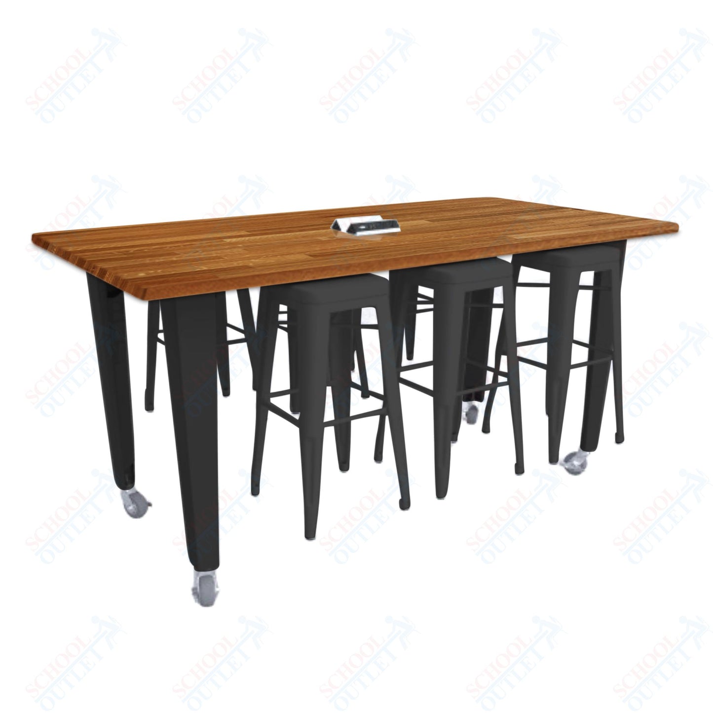 CEF IDEA Island Table 34" Height w/ 6-Seat - ADA Compliant - Butcher Block Top 84"W x 48"D with Steel Frame, 6 Stools and a Pop-up Dual Dock Electrical Station