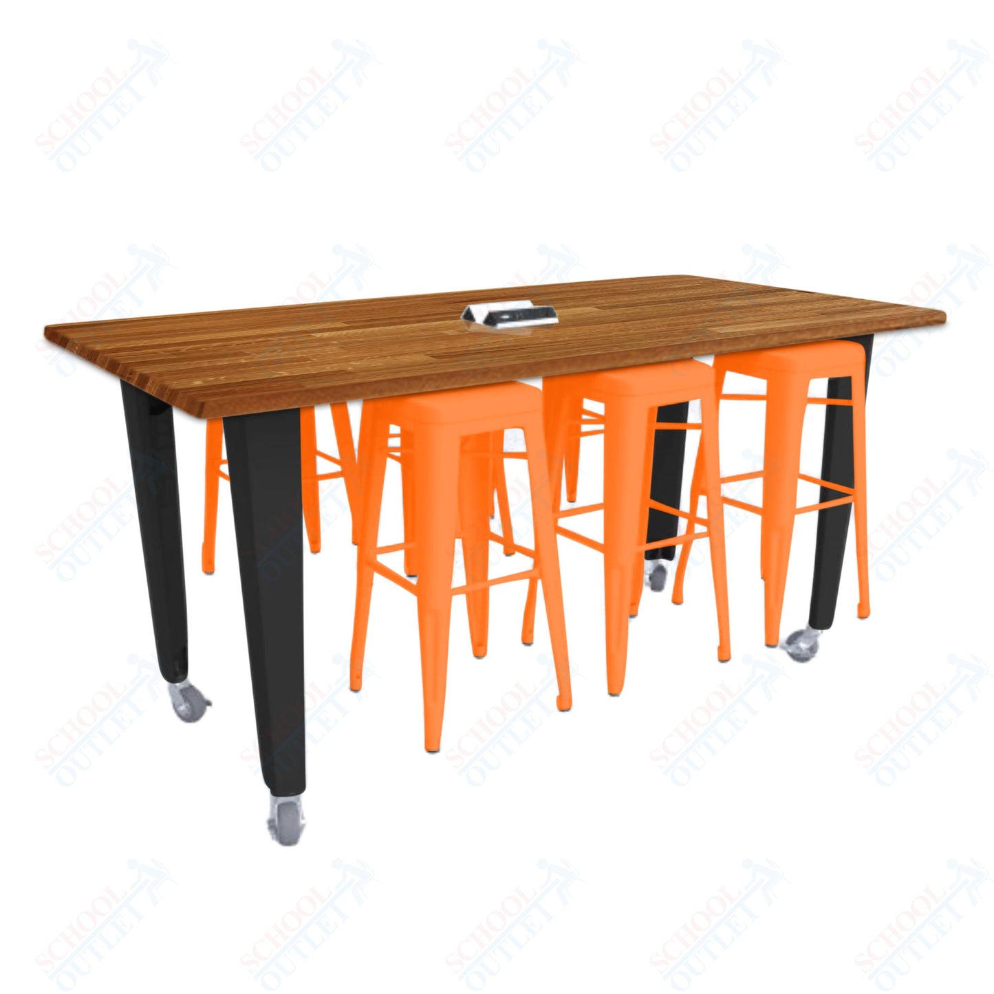 CEF IDEA Island Table 34" Height w/ 6-Seat - ADA Compliant - Butcher Block Top 84"W x 48"D with Steel Frame, 6 Stools and a Pop-up Dual Dock Electrical Station