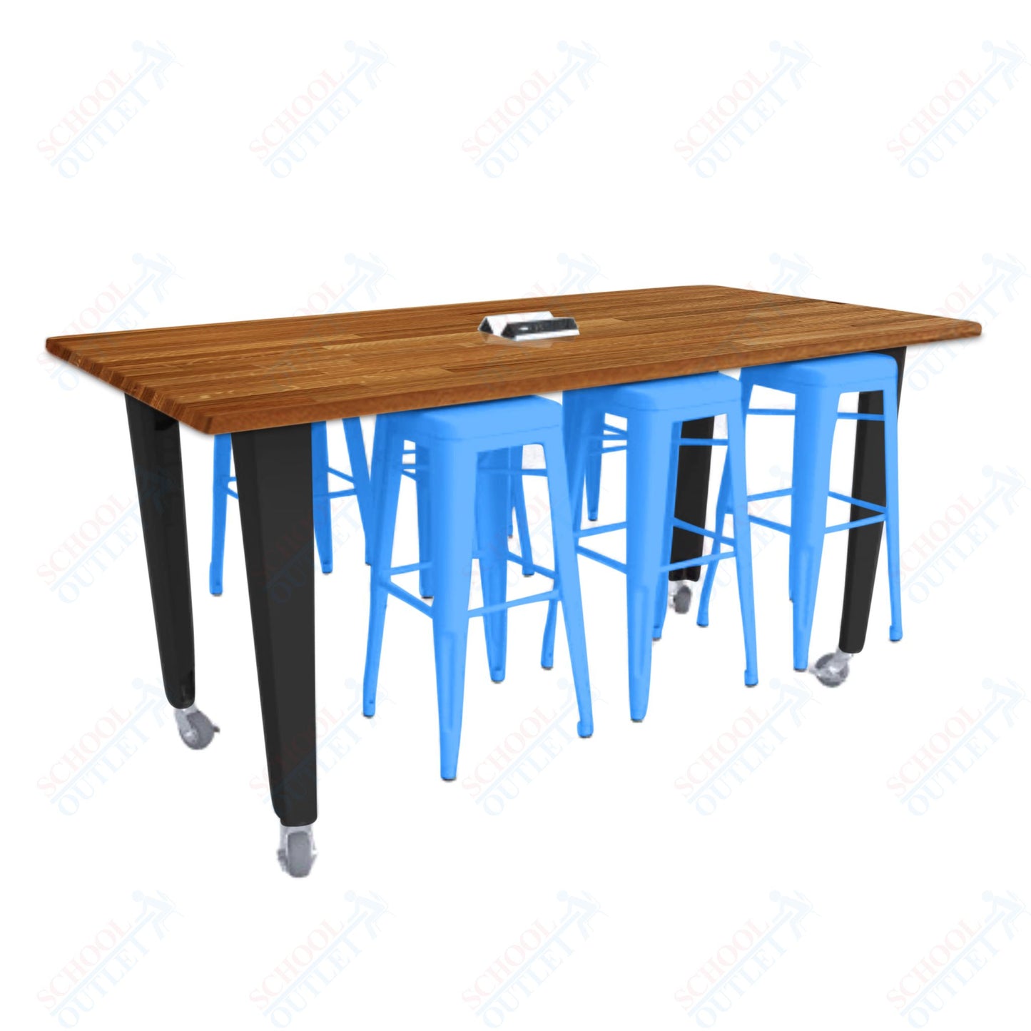 CEF IDEA Island Table 34" Height w/ 6-Seat - ADA Compliant - Butcher Block Top 84"W x 48"D with Steel Frame, 6 Stools and a Pop-up Dual Dock Electrical Station