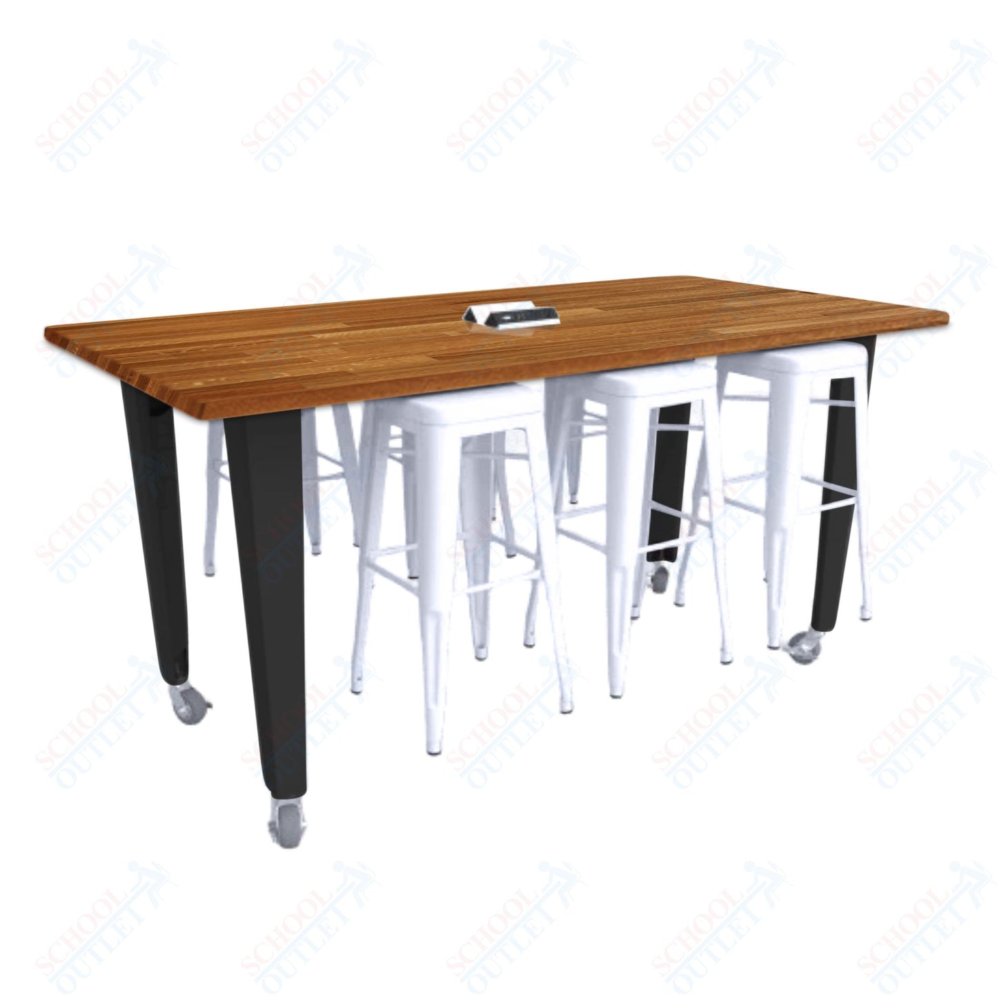 CEF IDEA Island Table 34" Height w/ 6-Seat - ADA Compliant - Butcher Block Top 84"W x 48"D with Steel Frame, 6 Stools and a Pop-up Dual Dock Electrical Station