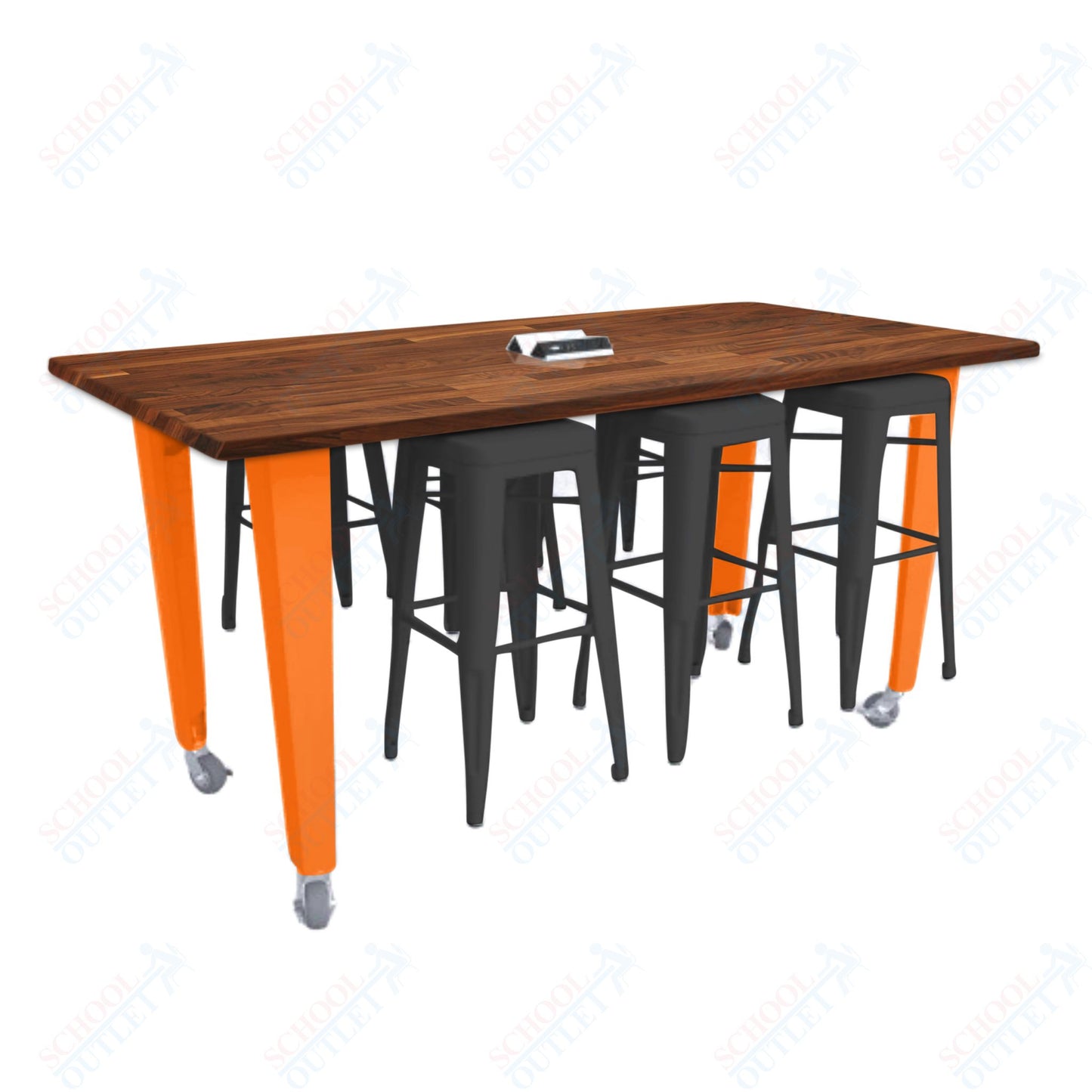 CEF IDEA Island Table 34" Height w/ 6-Seat - ADA Compliant - Butcher Block Top 84"W x 48"D with Steel Frame, 6 Stools and a Pop-up Dual Dock Electrical Station