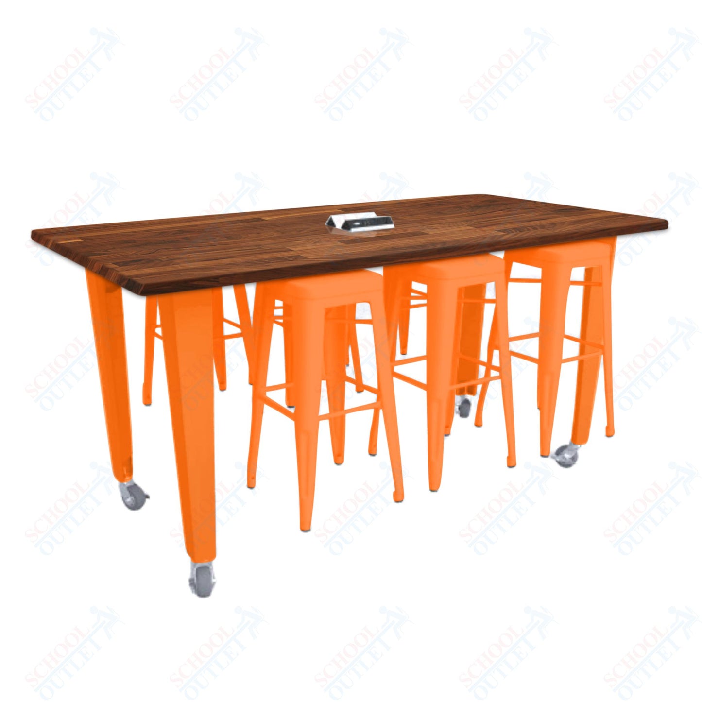 CEF IDEA Island Table 34" Height w/ 6-Seat - ADA Compliant - Butcher Block Top 84"W x 48"D with Steel Frame, 6 Stools and a Pop-up Dual Dock Electrical Station