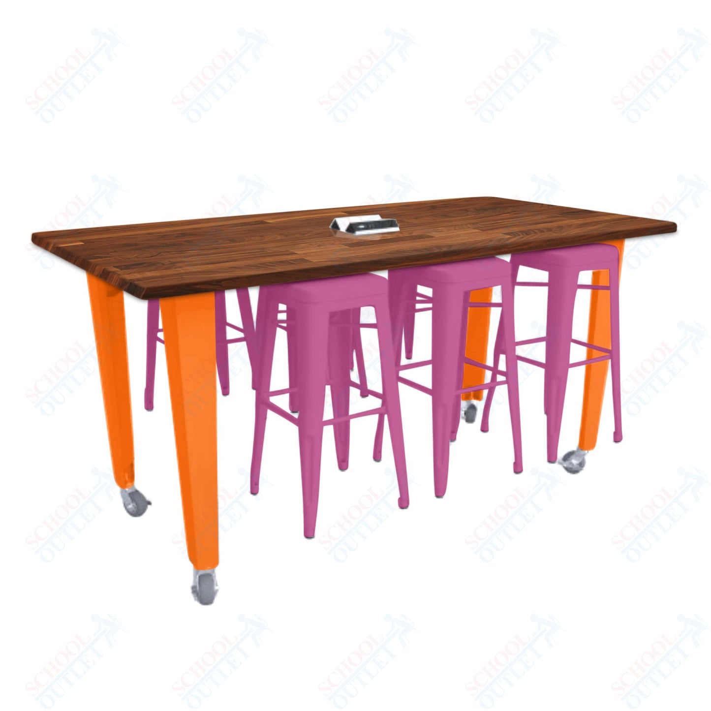 CEF IDEA Island Table 34" Height w/ 6-Seat - ADA Compliant - Butcher Block Top 84"W x 48"D with Steel Frame, 6 Stools and a Pop-up Dual Dock Electrical Station