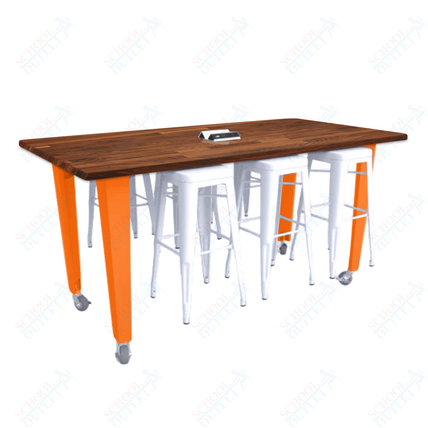 CEF IDEA Island Table 34" Height w/ 6-Seat - ADA Compliant - Butcher Block Top 84"W x 48"D with Steel Frame, 6 Stools and a Pop-up Dual Dock Electrical Station