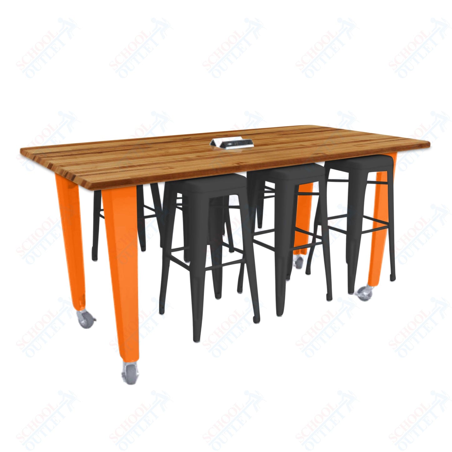 CEF IDEA Island Table 34" Height w/ 6-Seat - ADA Compliant - Butcher Block Top 84"W x 48"D with Steel Frame, 6 Stools and a Pop-up Dual Dock Electrical Station