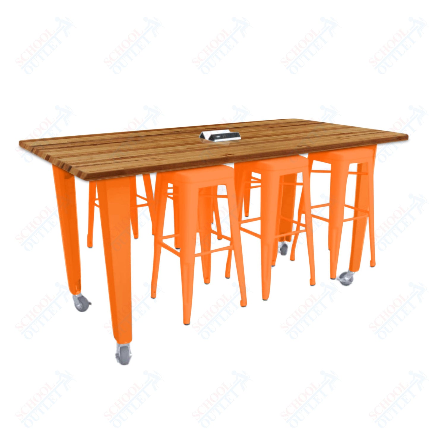 CEF IDEA Island Table 34" Height w/ 6-Seat - ADA Compliant - Butcher Block Top 84"W x 48"D with Steel Frame, 6 Stools and a Pop-up Dual Dock Electrical Station