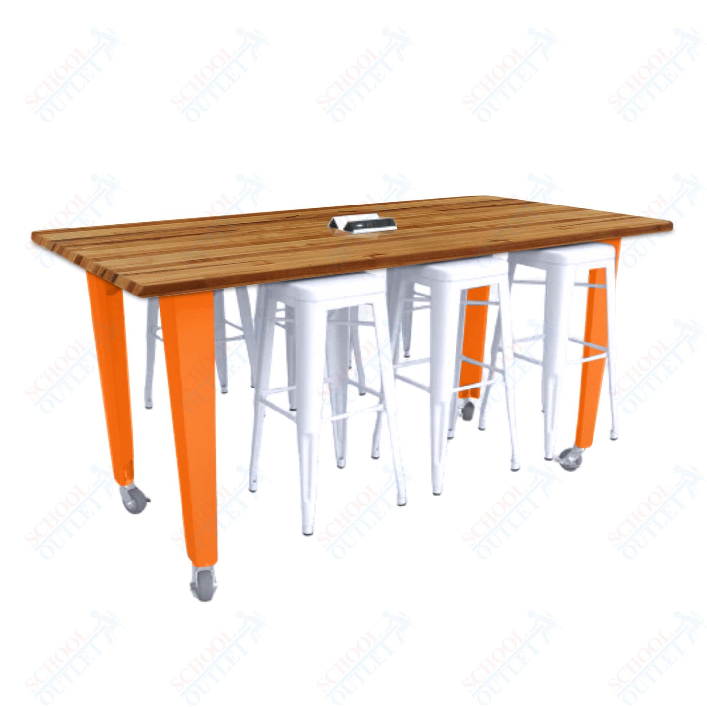 CEF IDEA Island Table 34" Height w/ 6-Seat - ADA Compliant - Butcher Block Top 84"W x 48"D with Steel Frame, 6 Stools and a Pop-up Dual Dock Electrical Station
