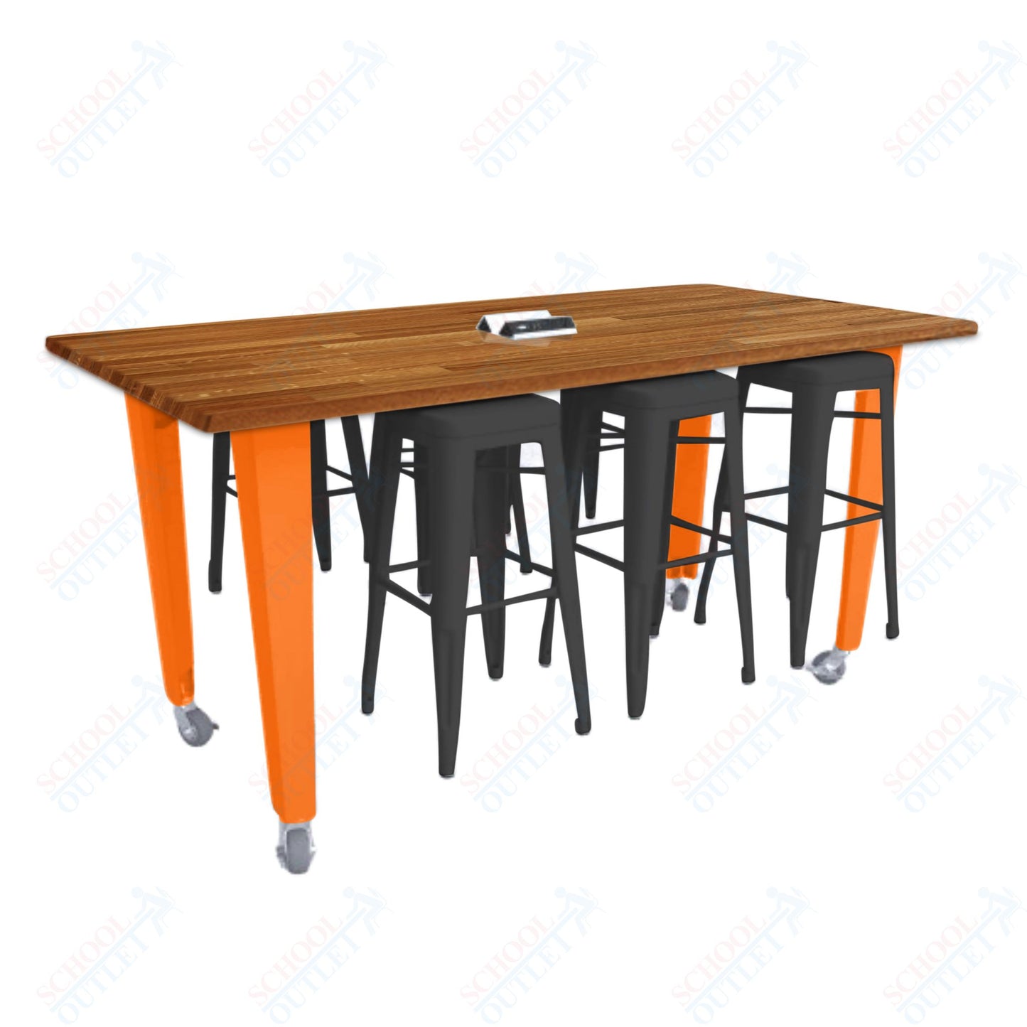 CEF IDEA Island Table 34" Height w/ 6-Seat - ADA Compliant - Butcher Block Top 84"W x 48"D with Steel Frame, 6 Stools and a Pop-up Dual Dock Electrical Station