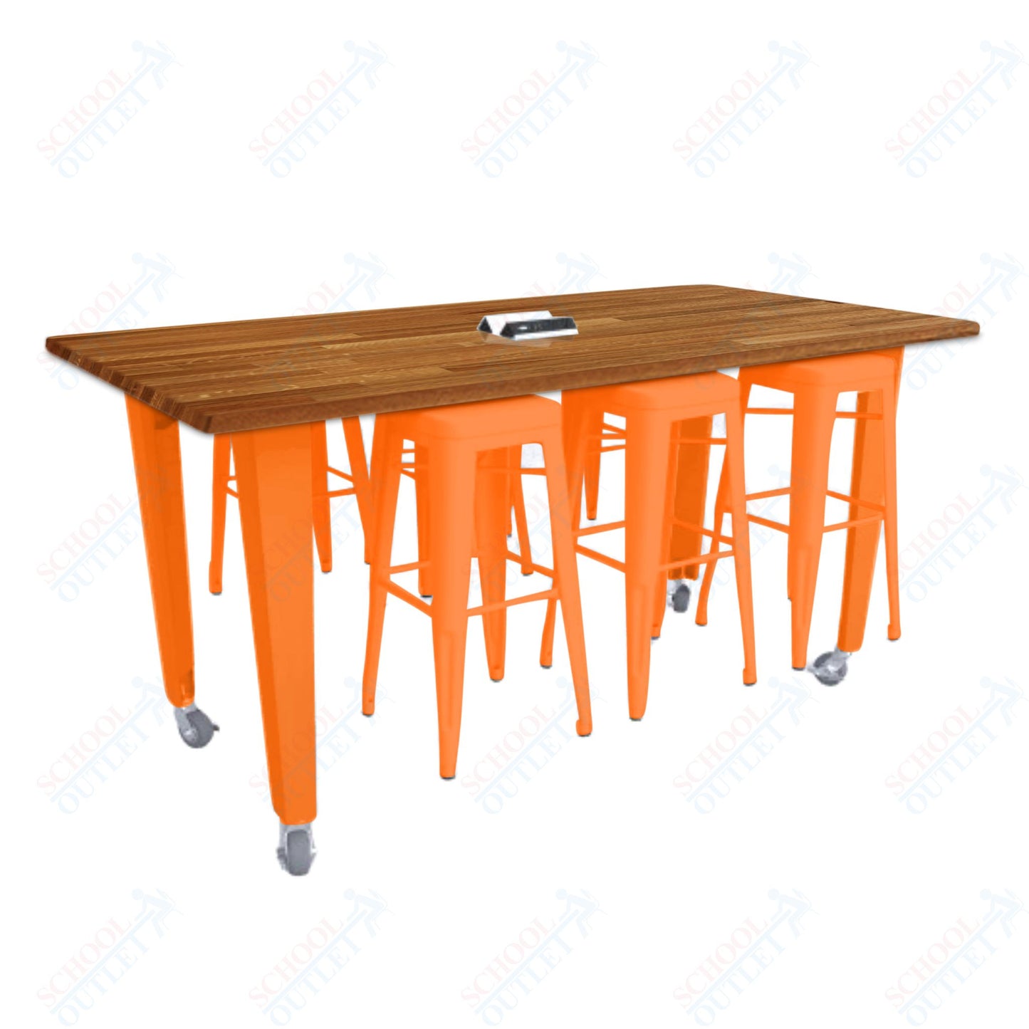 CEF IDEA Island Table 34" Height w/ 6-Seat - ADA Compliant - Butcher Block Top 84"W x 48"D with Steel Frame, 6 Stools and a Pop-up Dual Dock Electrical Station