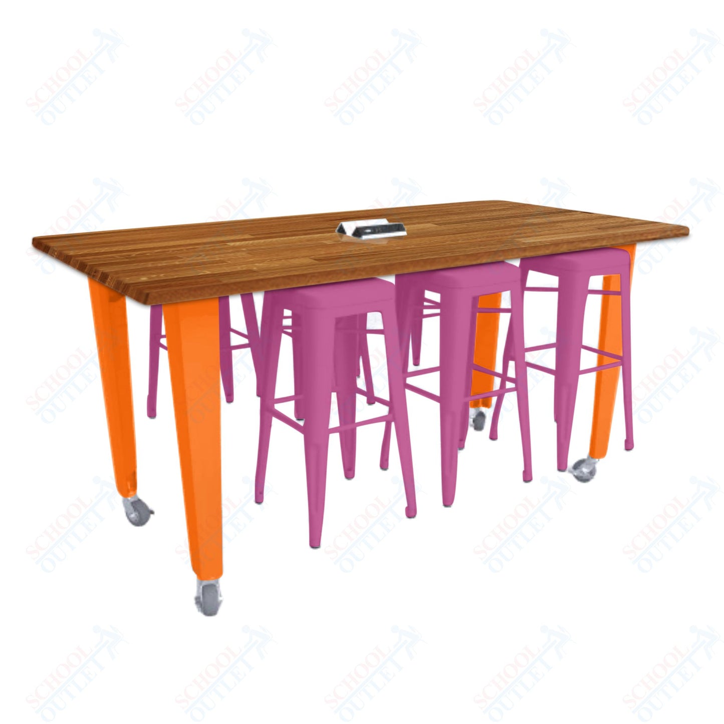 CEF IDEA Island Table 34" Height w/ 6-Seat - ADA Compliant - Butcher Block Top 84"W x 48"D with Steel Frame, 6 Stools and a Pop-up Dual Dock Electrical Station