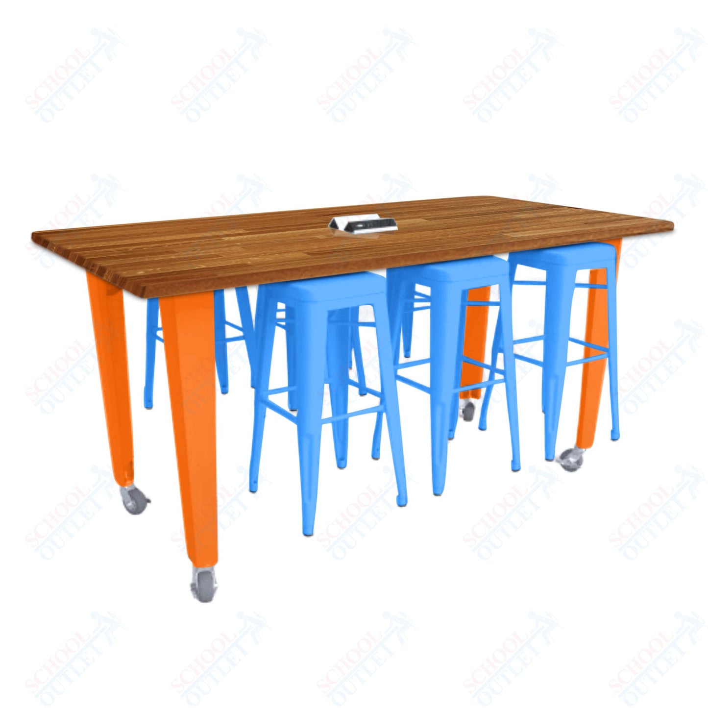 CEF IDEA Island Table 34" Height w/ 6-Seat - ADA Compliant - Butcher Block Top 84"W x 48"D with Steel Frame, 6 Stools and a Pop-up Dual Dock Electrical Station