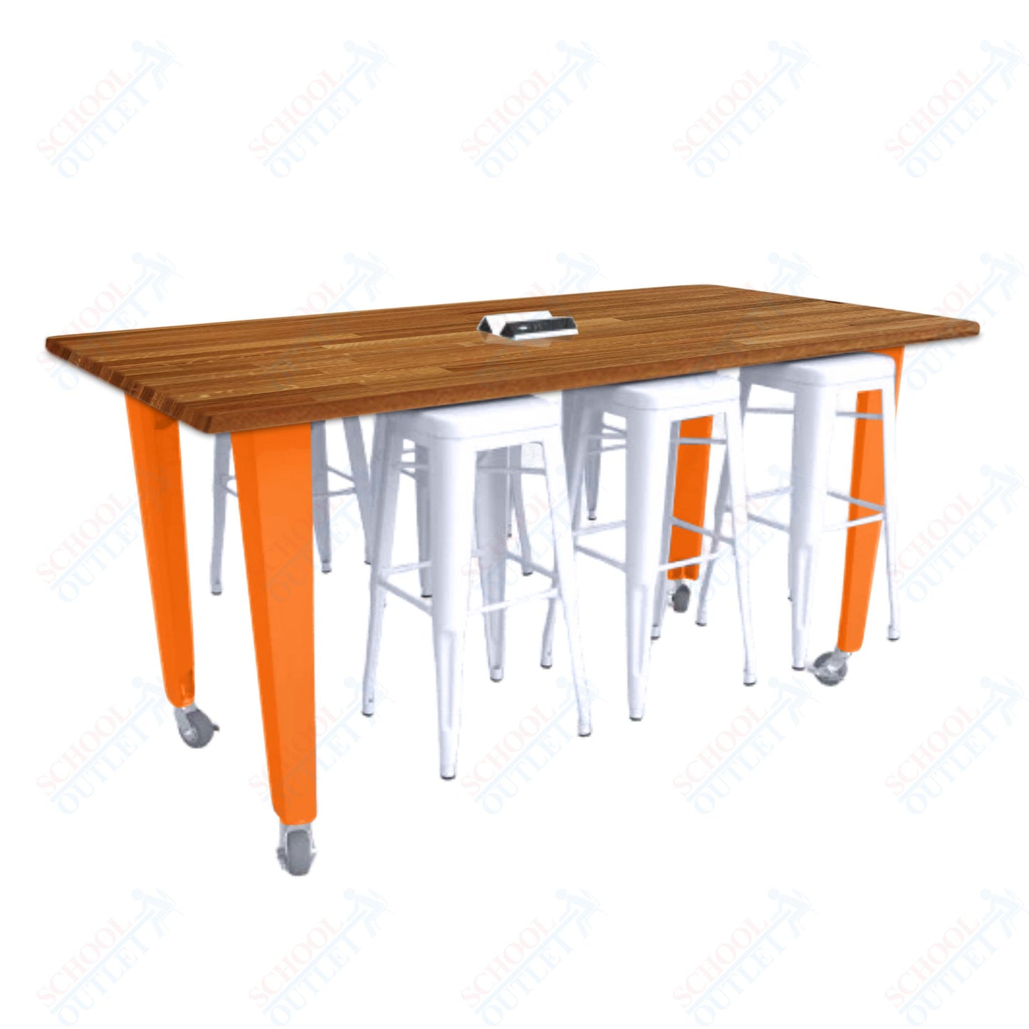 CEF IDEA Island Table 34" Height w/ 6-Seat - ADA Compliant - Butcher Block Top 84"W x 48"D with Steel Frame, 6 Stools and a Pop-up Dual Dock Electrical Station