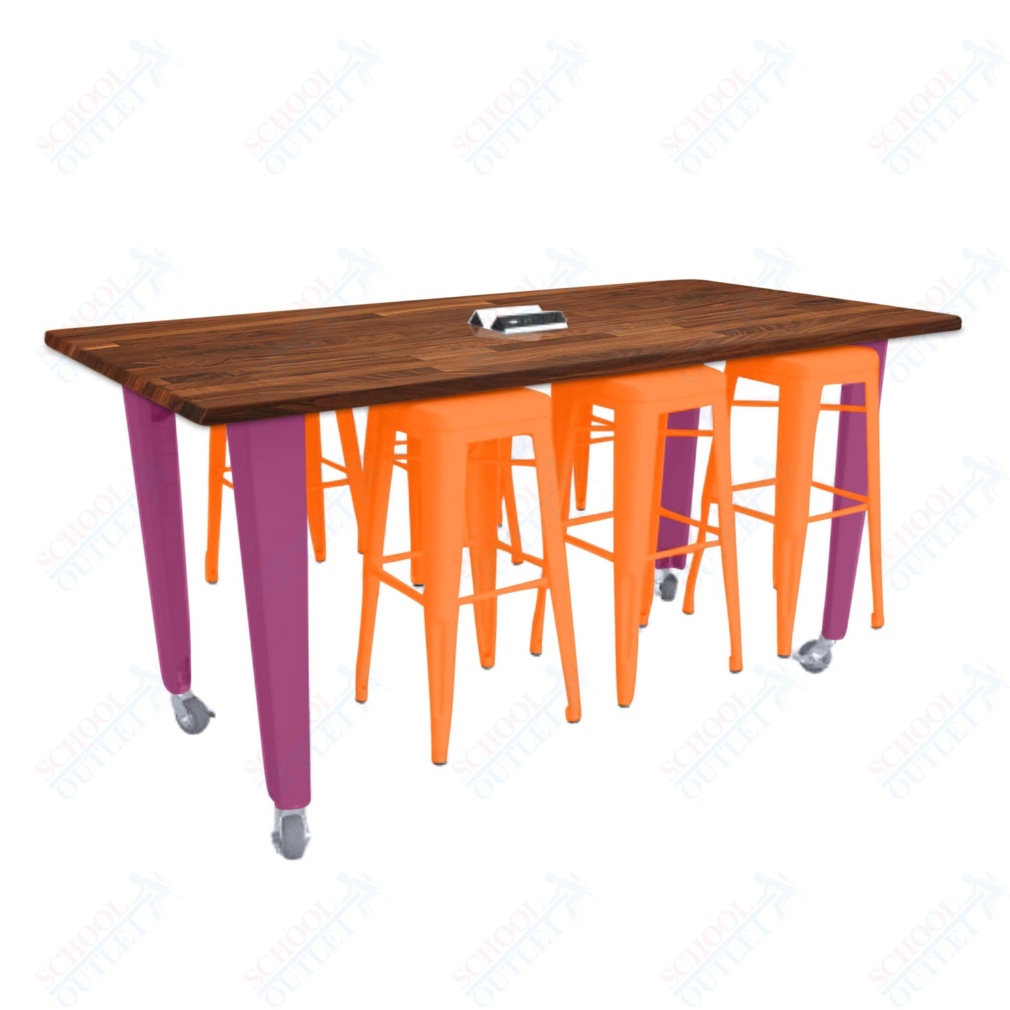 CEF IDEA Island Table 34" Height w/ 6-Seat - ADA Compliant - Butcher Block Top 84"W x 48"D with Steel Frame, 6 Stools and a Pop-up Dual Dock Electrical Station